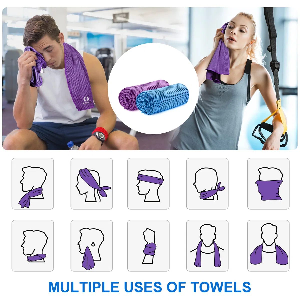 Sukeen Lot de 2 serviettes rafraîchissantes (100 x 30 cm) – Serviette rafraîchissante pour fitness, gym, golf, yoga – Serviette de sport rafraîchissante pour le cou