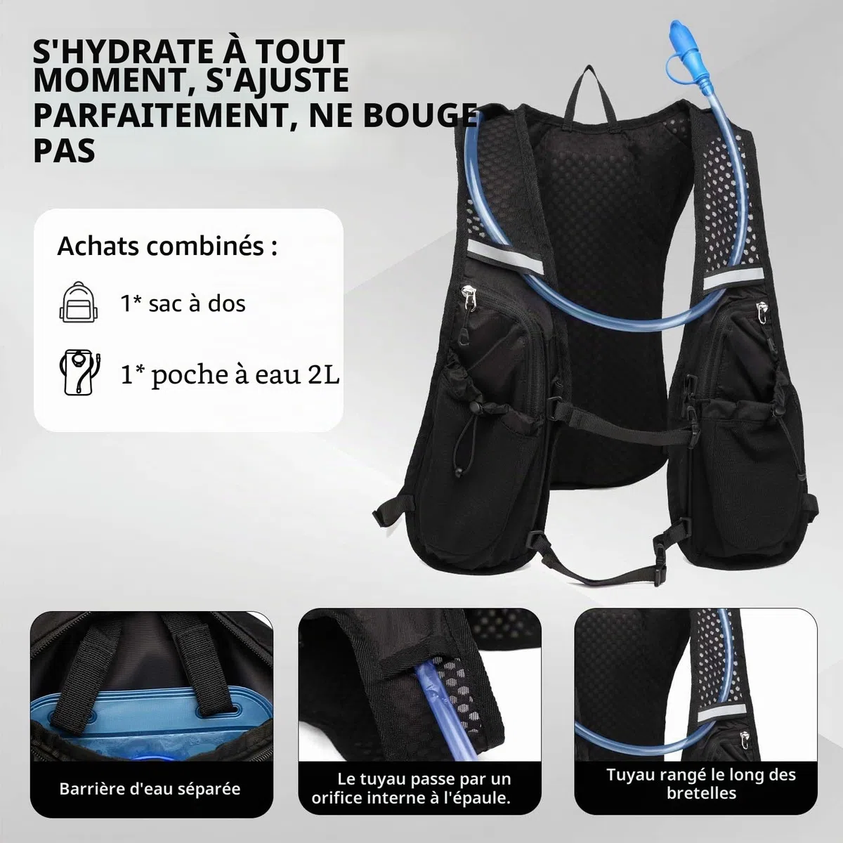 Sac à dos d'hydratation avec poche à eau, 2 l, gilet de course, pour homme et femme, ultra léger, pour la course, le marathon, le jogging, le cyclisme