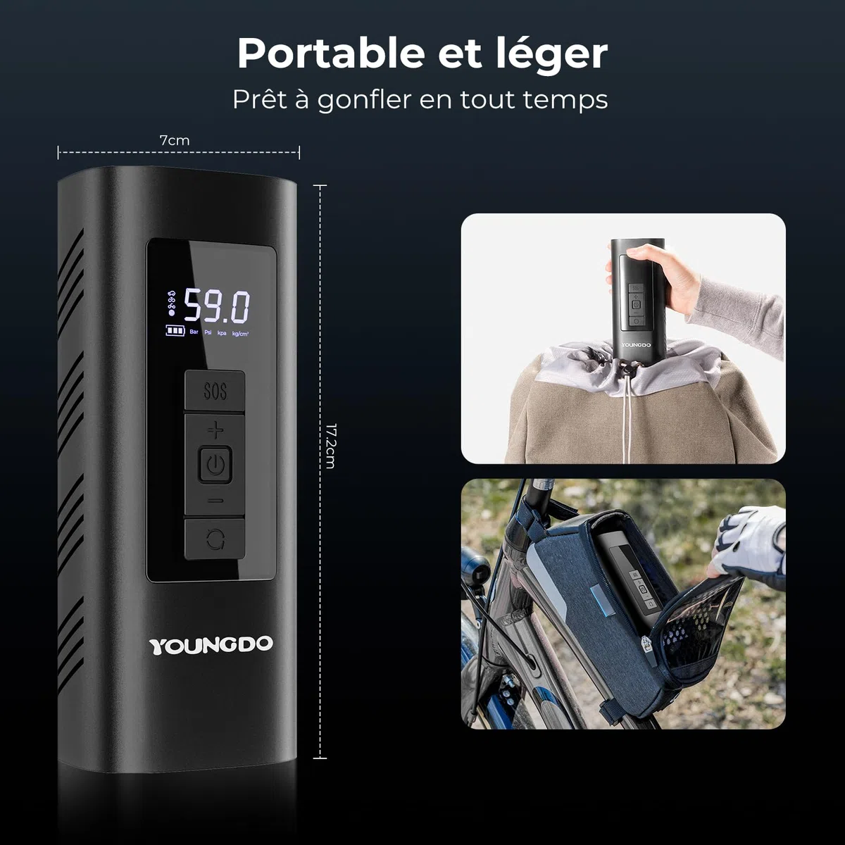 Pompe à Vélo Électrique 150PSI, YOUNGDO Compresseur à Air Portatif 6000mAh, Gonfleur Velo Portable, avec Lamp LED, pour Vélo, Moto, Balle
