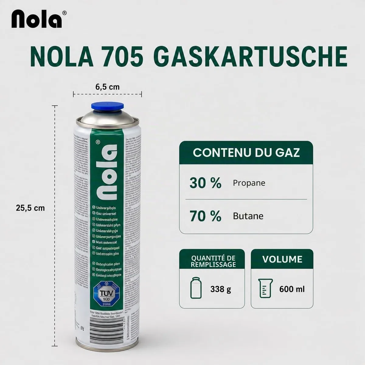 NOLA Lot de 3 boîtes de gaz comprimé universelles 600 ml butane propane Filetage rotatif 338 g 7/16" Cartouches de gaz universel Boîte à gaz Bouchon rotatif pour désherbeur de mauvaises herbes Lampe à