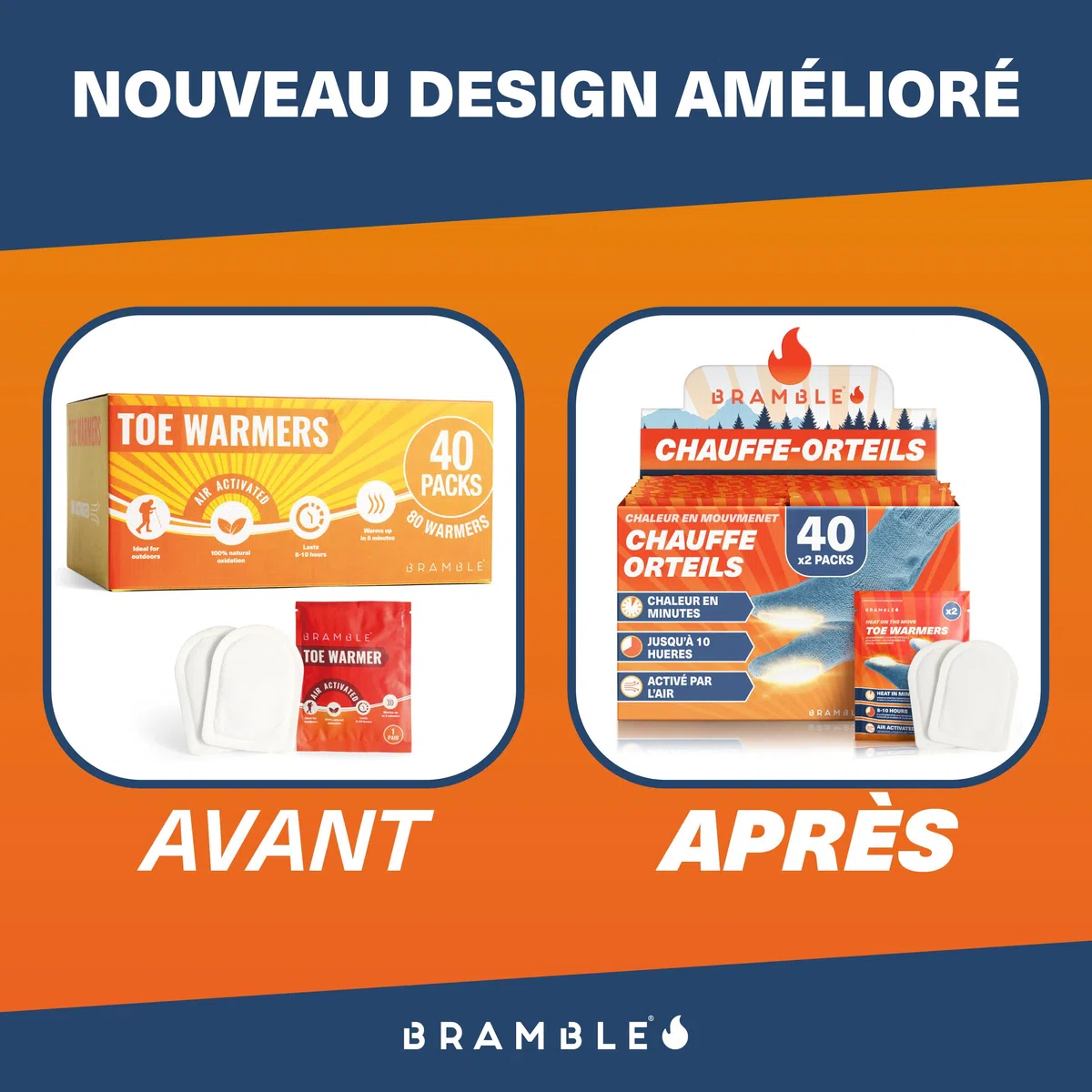 Bramble - Chauffe-Orteils adhésifs (40 Paires, 80 au Total) - Patchs adhésifs Ultra-Fins pour Chaussures et Bottes - Activés à l'air et sans Odeur - Jusqu'à 10 Heures de Chaleur