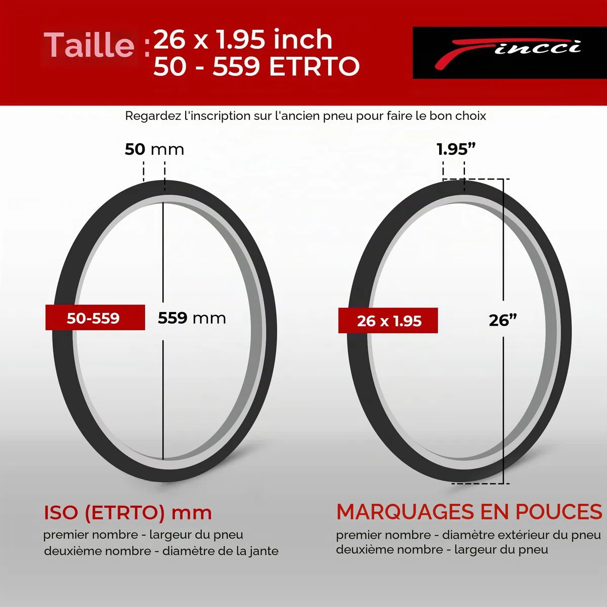 Fincci Set Pneu VTT 26 x 1.95 Pouces 50-559 ETRTO 60 TPI - Haute Performance et Souplesse - Inclus 1 Chambre à Air Valve Schrader - Idéal pour VTT de Loisir et Chemins Mixtes