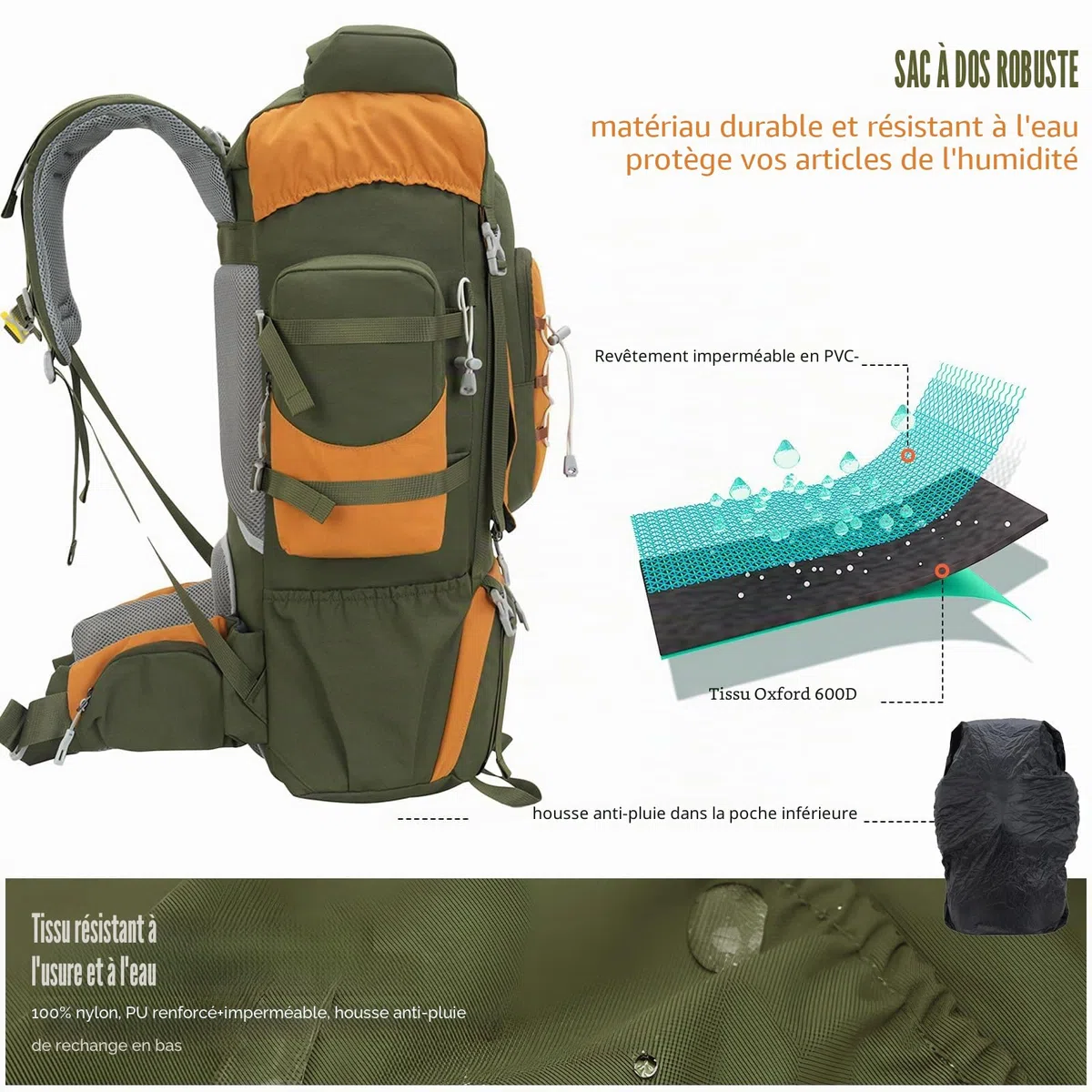 Bseash Sac à dos imperméable de 70 L (65 + 5) avec housse de pluie, sac à dos de randonnée pour sports de plein air, voyage, escalade, randonnée