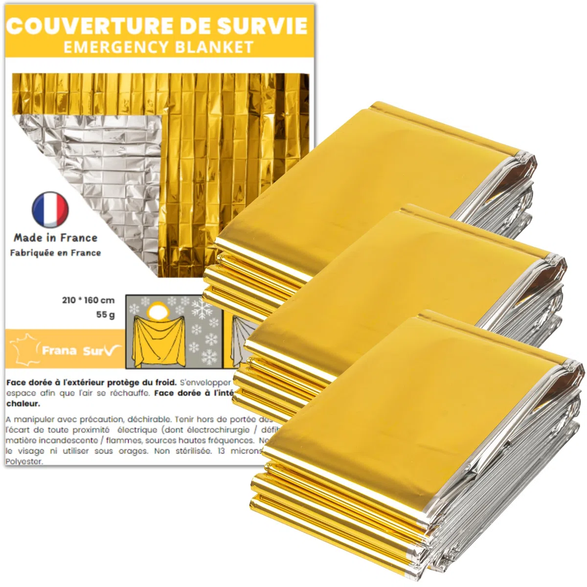 Lot de 3 Couvertures de Survie Isothermiques Made in France – Or/Argent – 210 x 160 cm – Protection Froid et Chaleur – Randonnée, Secours, Trail, Camping, Urgence