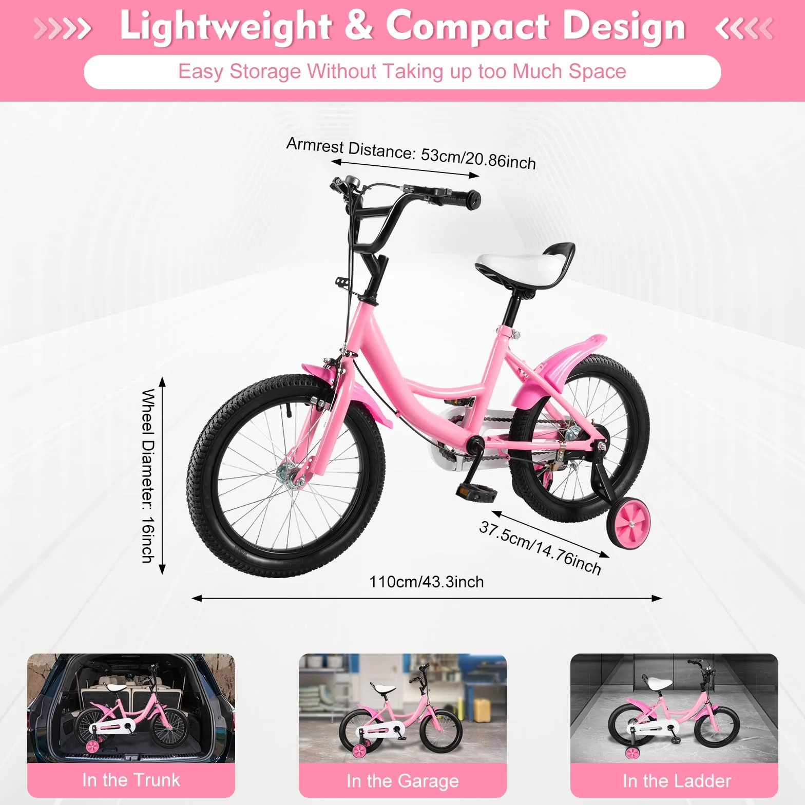 Vélo pour enfant de 16 pouces, garçons et filles, réglable en hauteur, avec roues stabilisatrices amovibles, vélo d'apprentissage pour garçons et filles à partir de 5 à 8 ans
