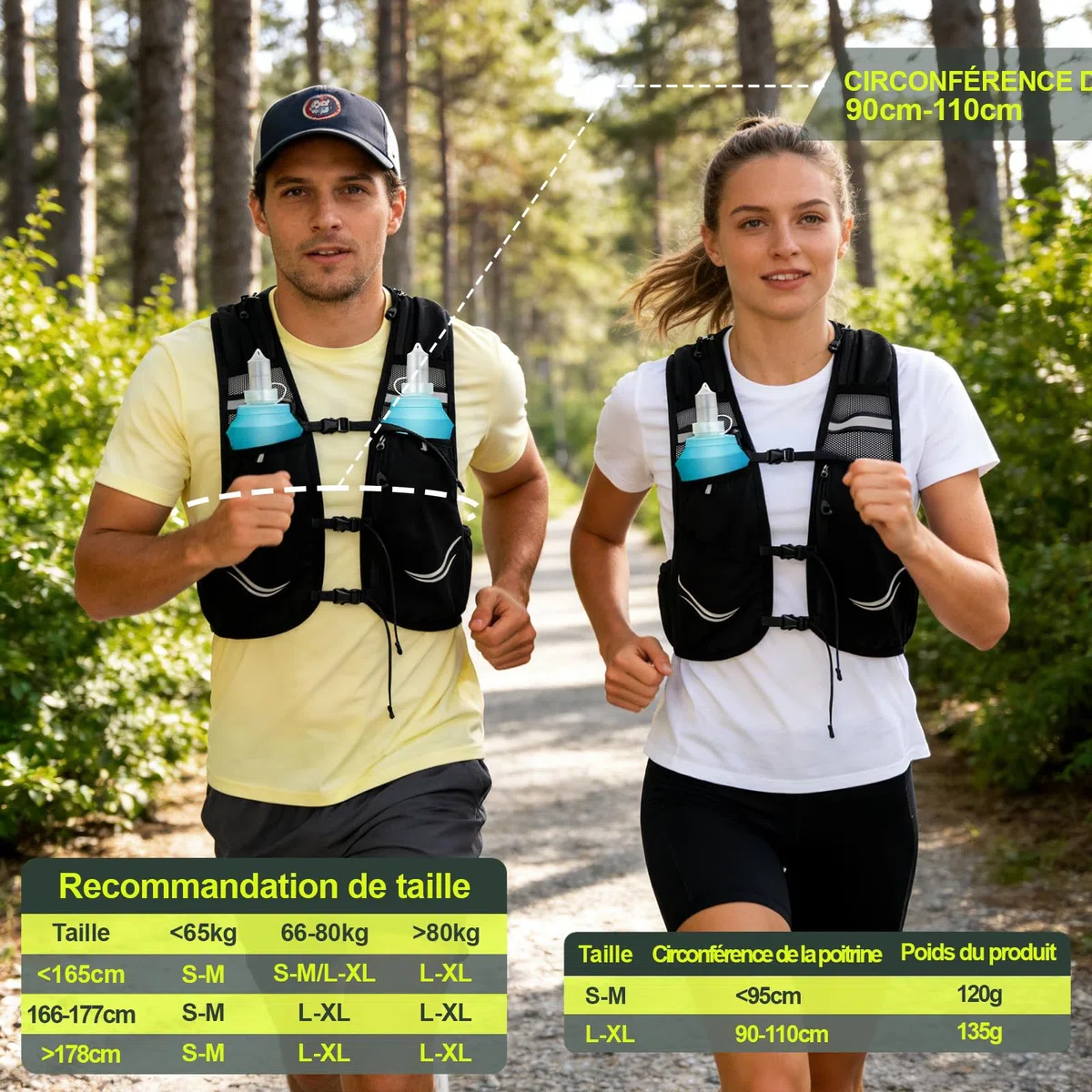 Charmofun Sac Hydratation Running, Gilet Hydratation Running Femme Homme, Gilet Trail Sac à Dos Léger et Respirant avec 2 Bouteille Souple 500ml pour Course à Pied, Randonnée, Cyclisme, Marathon