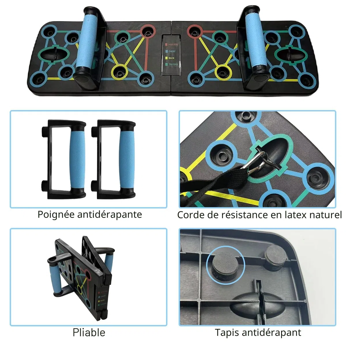 12 en 1 Push up Board, équipement de Fitness Multifonction Pliable à la Maison, avec barre de préhension et corde de résistance, pour intérieur, Gymnase, Exercice de Fitness en Plein air