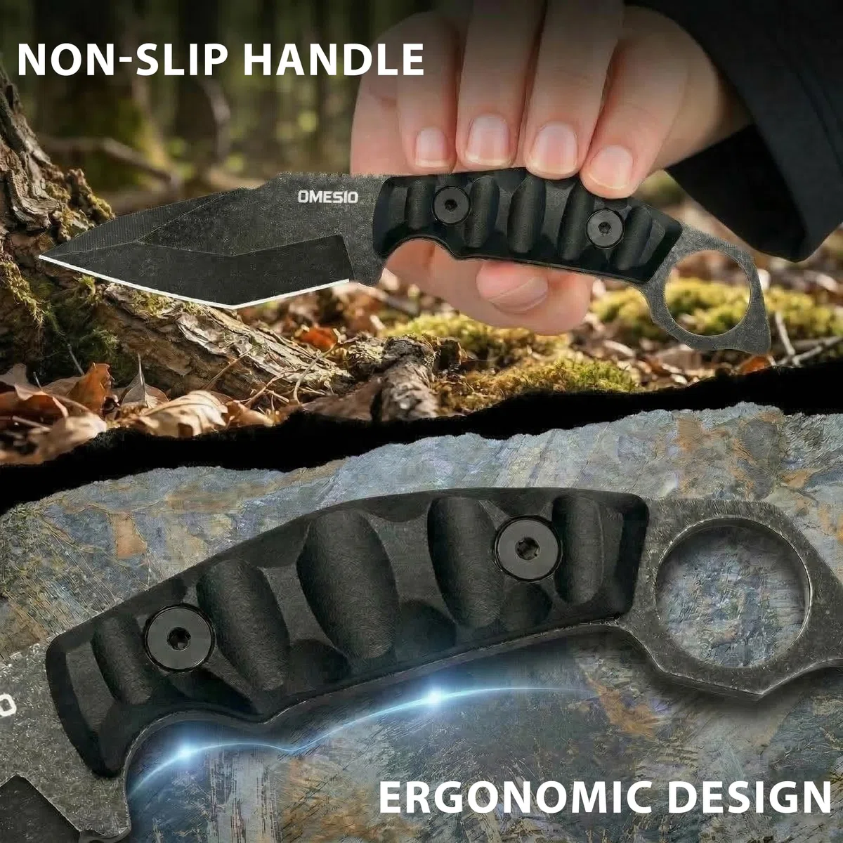 Omesio Couteau Ceinture | Couteau d'extérieur Full Tang en Acier 420 (HRC 56-58) | Lame Fixe de 10,5 cm pour Survie, Camping et Randonnée |Manche en ABS | Fourreau Inclus