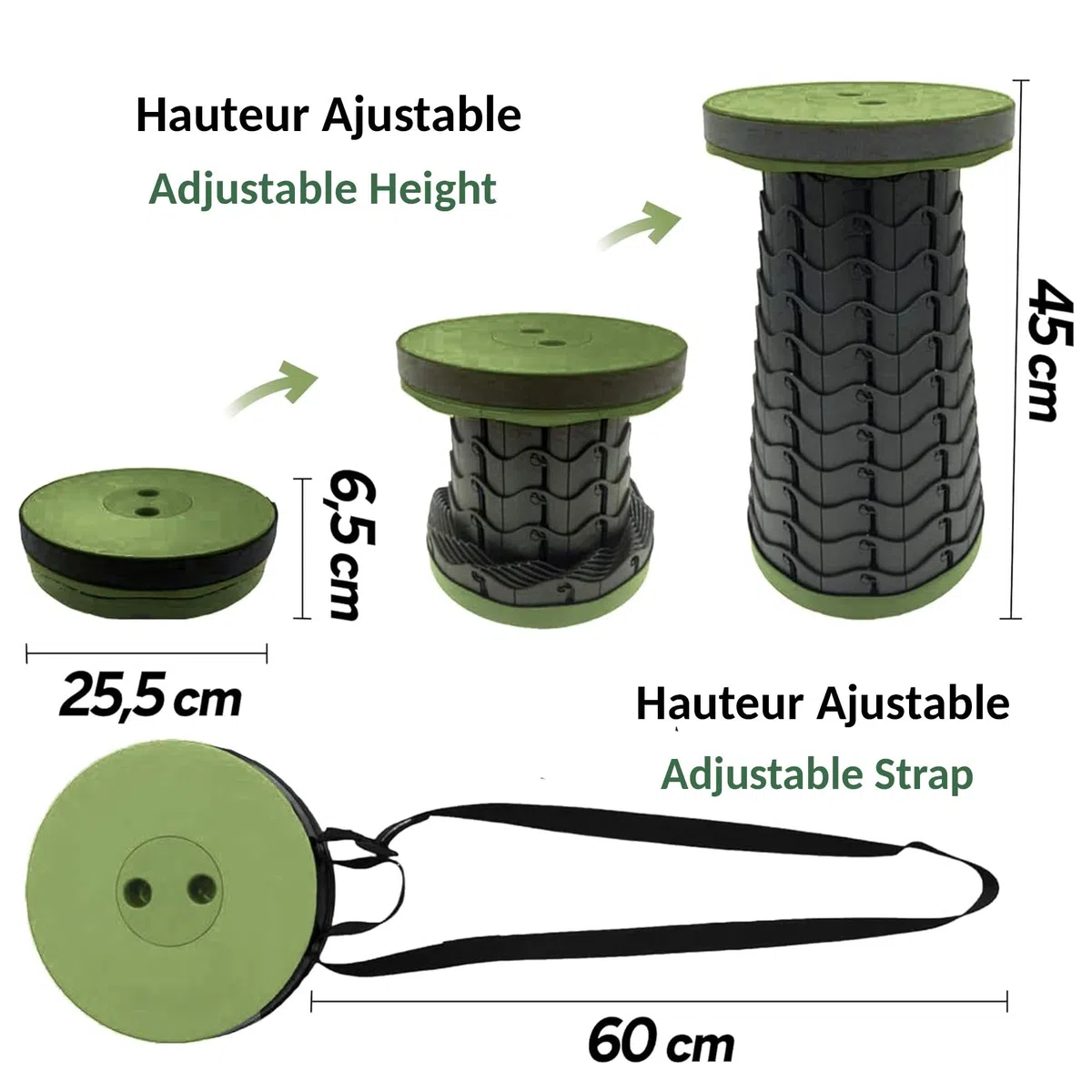 Fishtec - Tabouret Pliable Télescopique - Hauteur Réglable 6-44,5 Cm ABS Résistant 130 Kg Portable 1,28 Kg Ø25,5 Cm Bandoulière Compact Noir Vert - Camping Pêche Randonnée Pique Nique