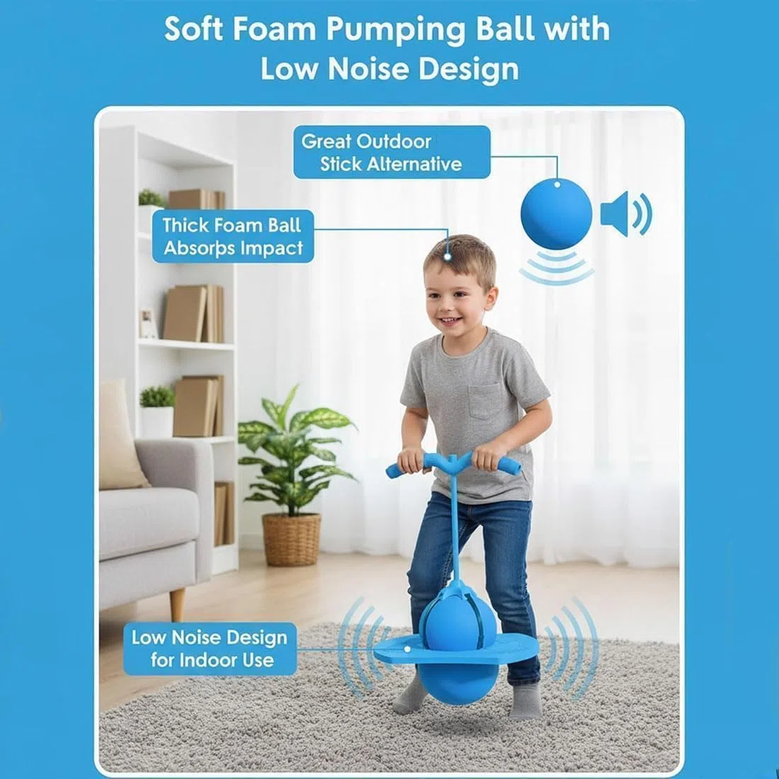 Générique Balle de Saut d'équilibre, Ballon Sauteur Pogo avec Poignée, Bâton Sauteur avec Repose-Pieds Antidérapants, Sûr et Amusant pour Intérieur et Extérieur (Bleu)