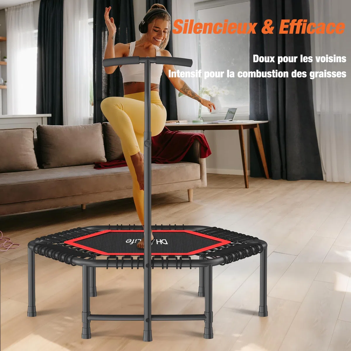 DH FitLife Trampoline Fitness Indoor | Ø114cm 45 Pouces Mini Trampoline | Capacité 150 KG | avec 3 Niveaux de poignée réglables | Stable et Silencieux