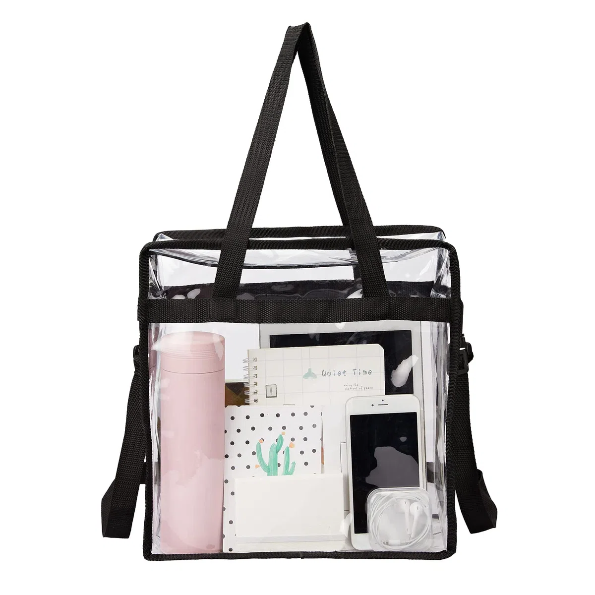HAOGUAGUA Sac fourre-tout transparent 30,5 x 30,5 x 15,2 cm approuvé par les stades, sac de sécurité en PVC transparent pour le travail, les jeux sportifs et les concerts, noir, Large