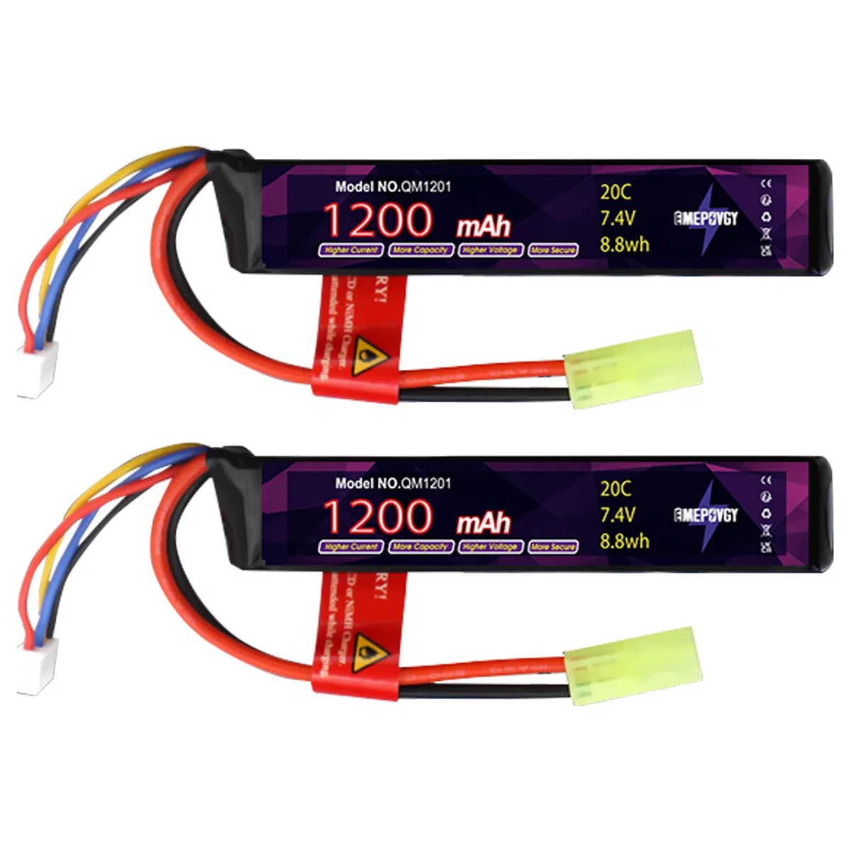 2S Lipo 2096 Lot de 2 batteries rechargeables au lithium polymère 7,4 V 1200 mAh 20 C avec mini prise TMY pour pistolets Airsoft