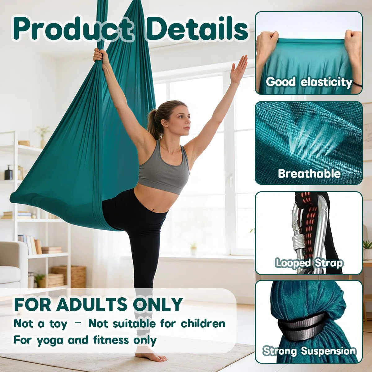 Ensemble de Yoga Aérien, Hamac de Yoga Aérien, Aerial yogas Kit Hamac de aériens Comprend le Tissu Principal, une Sangle d'Extension, un Mousqueton et Accessoires, 200 KG Max, pour Fitness Pilates