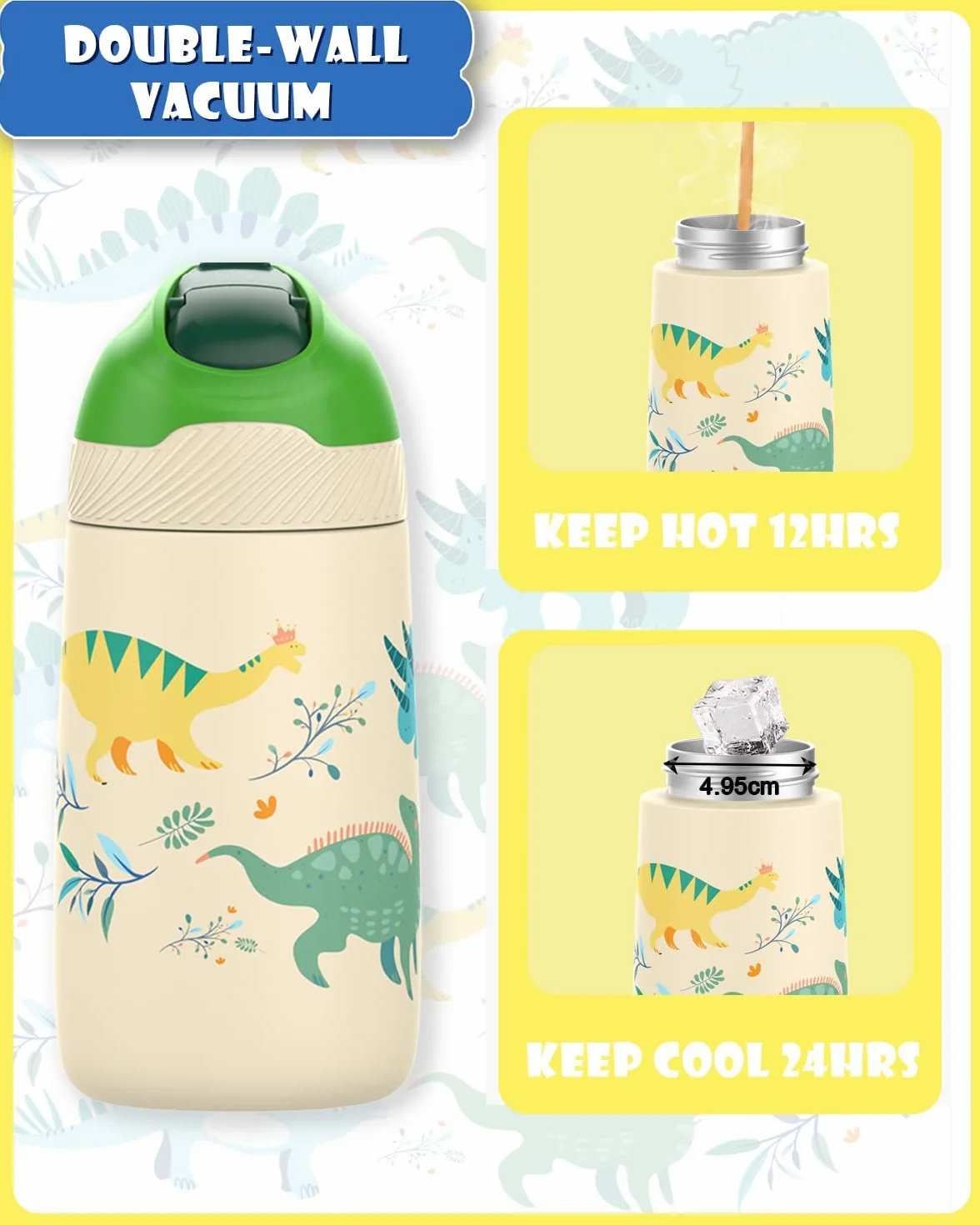 FJbottle Gourde Isotherme Enfant avec paille - 350ML/400ML Bouteille Isotherme Enfant - Sans BPA Tritan, Anti-fuite reutilisable pour l'école, Les Sports et la Maternelle