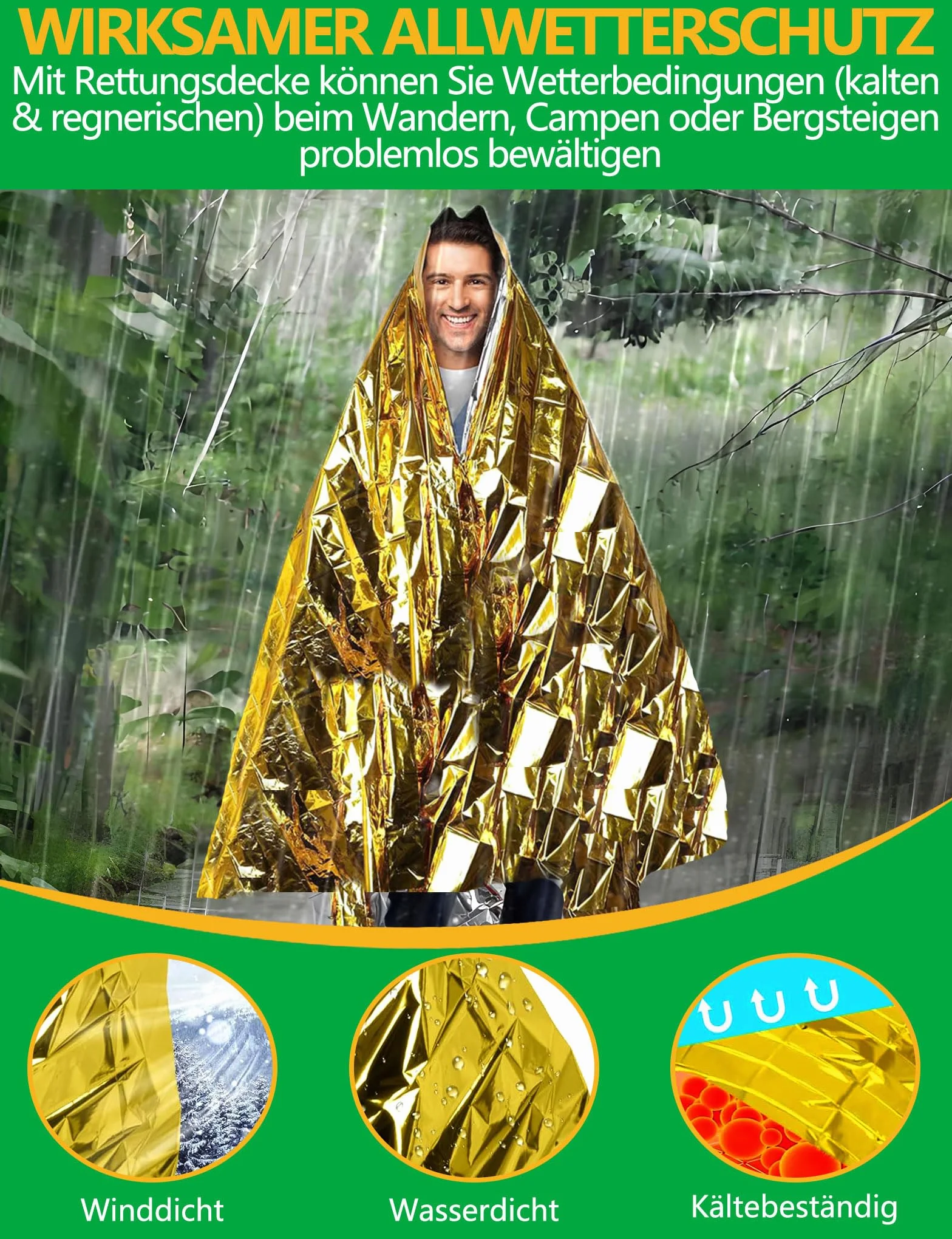 Couverture de Survie Reutilisable 4 Pièces, pour Randonnée Survie Premiers Secours Marathons Voiture, Robuste Indéchirable Imperméable - Or Argent