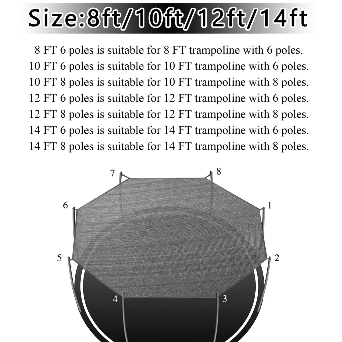 Protection solaire de trampoline UPF 50+ pour 6/8 barres, imperméable, coupe-vent, accessoire de trampoline d'extérieur pour enfants (6 barres, 305 cm)