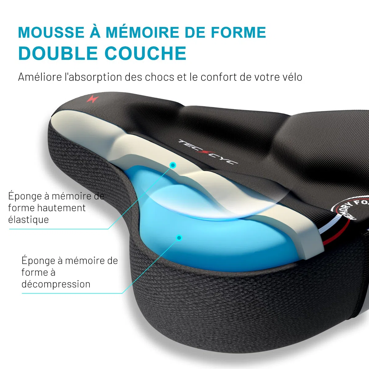 TECHCYC Housse Selle vélo avec Coussin de siège de vélo en Mousse à mémoire de Forme Double Couche, Coussin de siège de vélo Ergonomique pour Femmes et Hommes