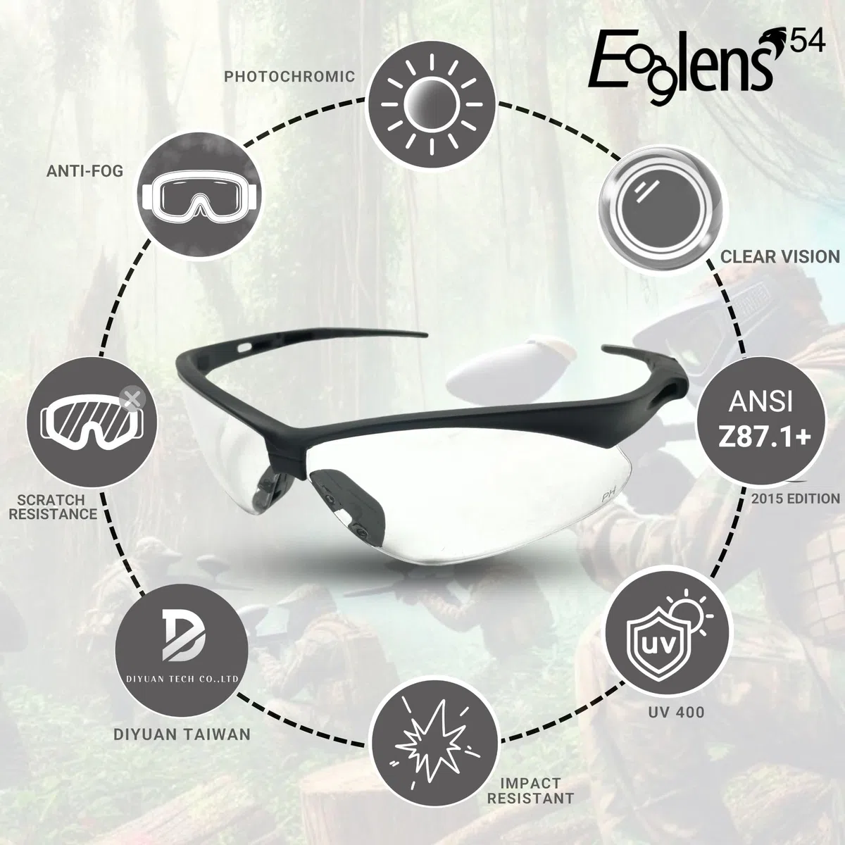 Lunettes de protection photochromiques anti-buée, ANSI Z87.1, UV, anti-rayures, pour chasse et airsoft.