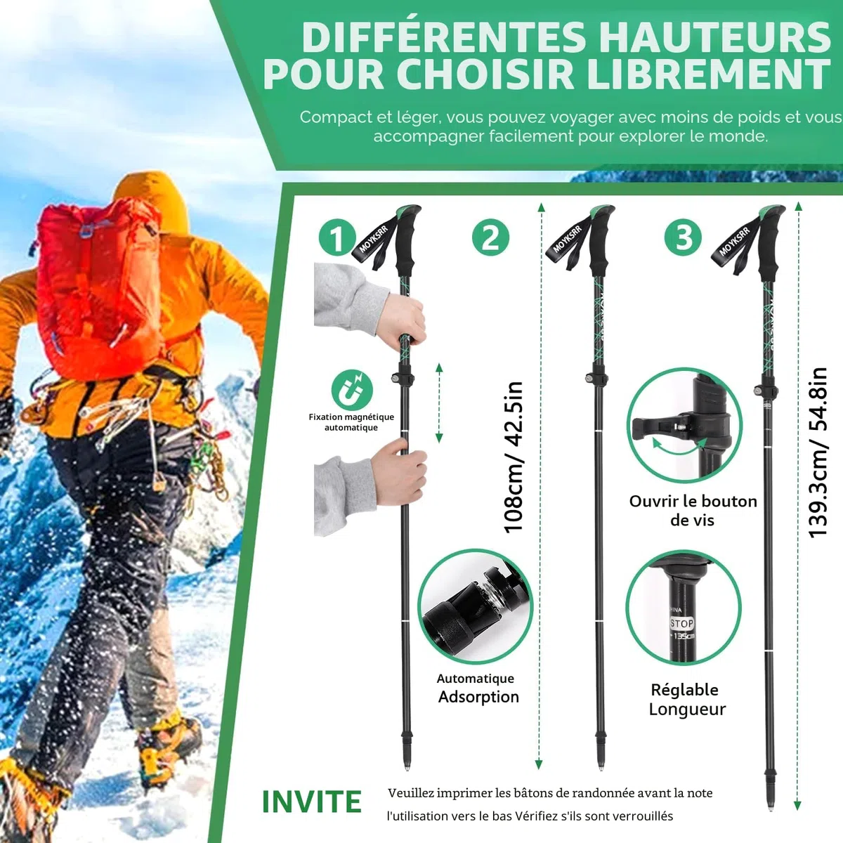 MOYKSRR Bâtons de Randonnée, 2 PCS Baton de Marche Pliable, Antidérapant Ultraléger Bâton de Marche Télescopique Retractable avec 5 Paires de Tampons en Caoutchouc pour Le Conditionnement du Trekking