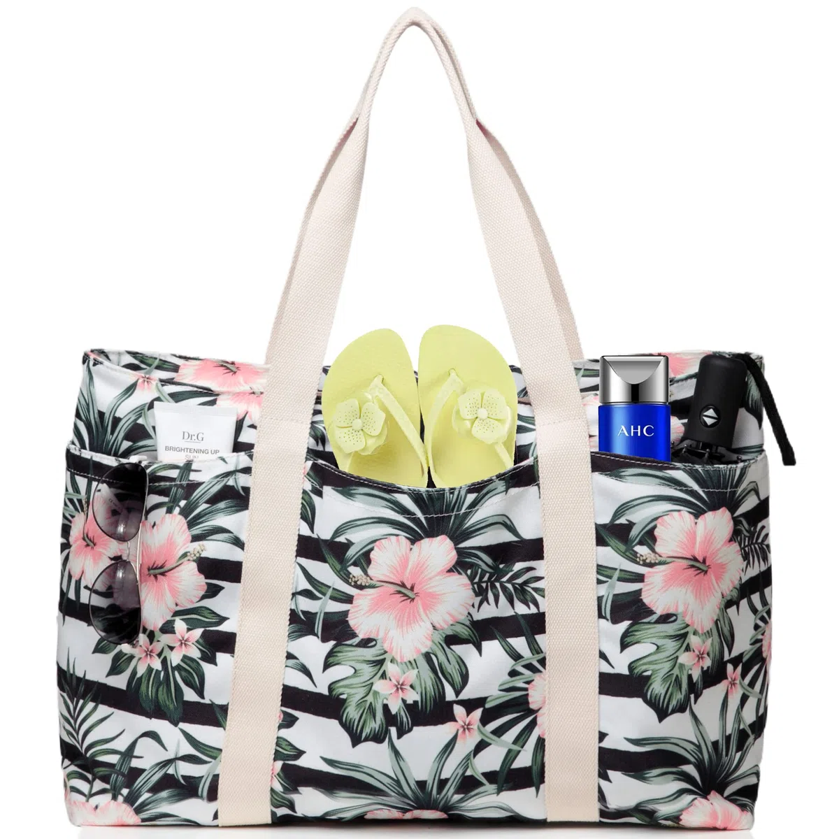 Grand Sac de Plage Zippé Makukke, Shopper à Bandoulière pour Femmes en Toile, pour Excursions d'une Journée ou Festivals, 55 x 36 x 20 cm