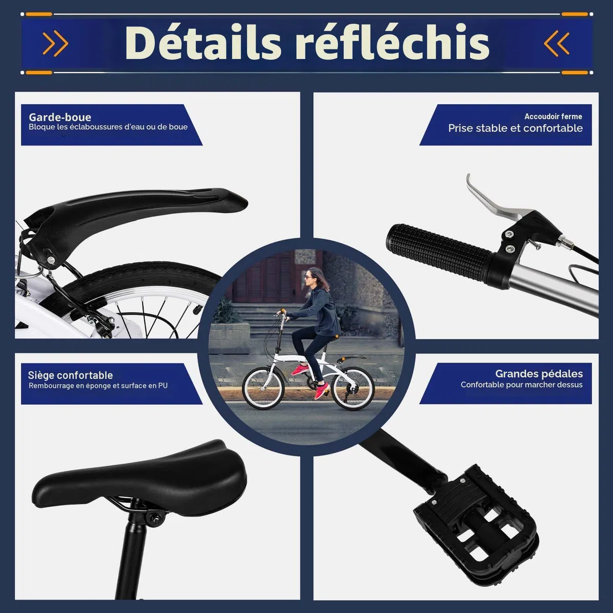 Vélo pliant 20 pouces pour adulte - 6 vitesses - Blanc - 75-93 cm - Siège réglable en hauteur - Pliable - Pour femmes, adolescents, camping