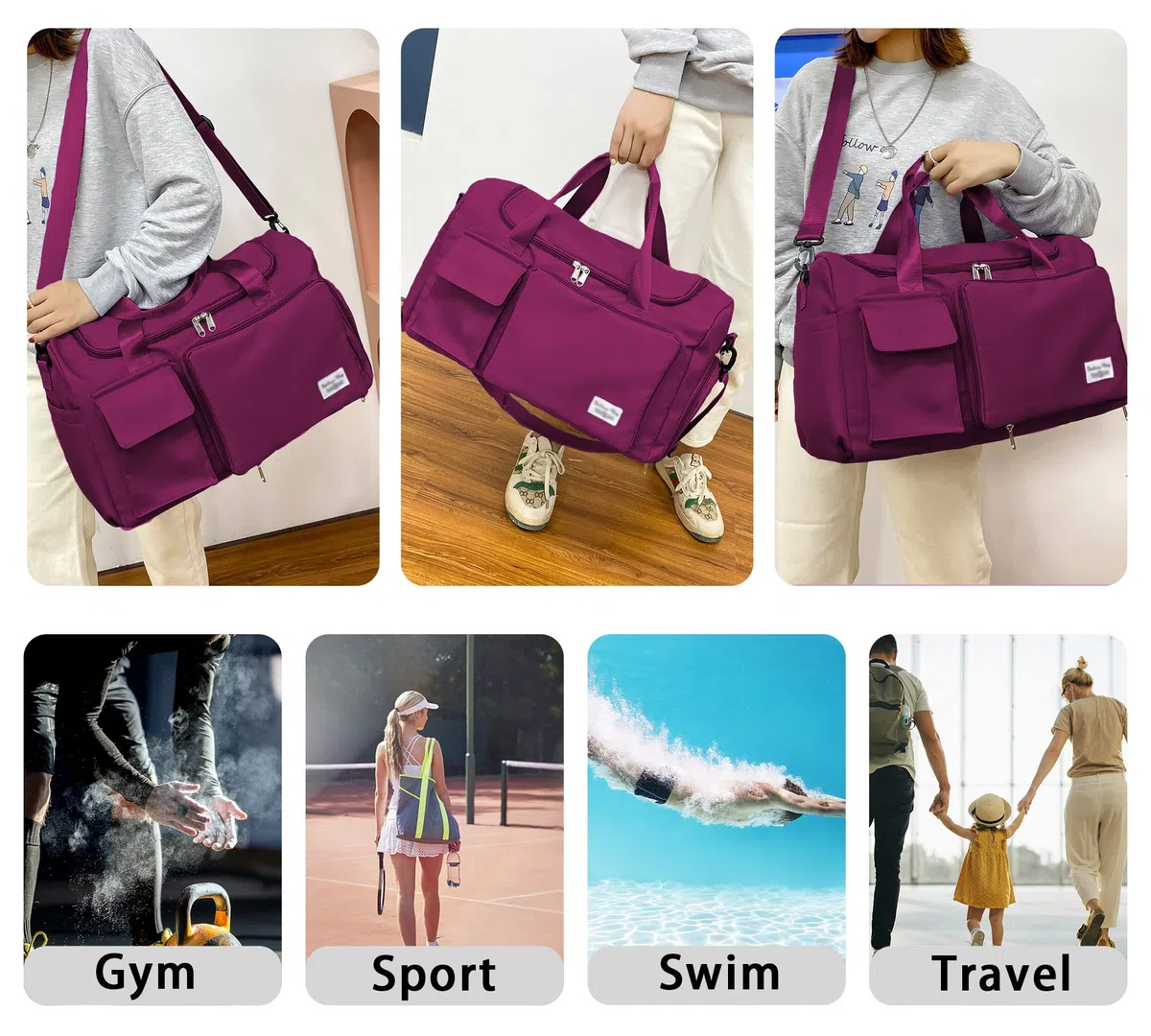 Sacs de Sport Femme, Pliable Sac de Voyage avec Compartiment Chaussure y Poche Humide, Grande Capacité Sac de Fitness, Imperméable Sac à Gym Sport Léger Sacs de Week-End Bag, Mauve
