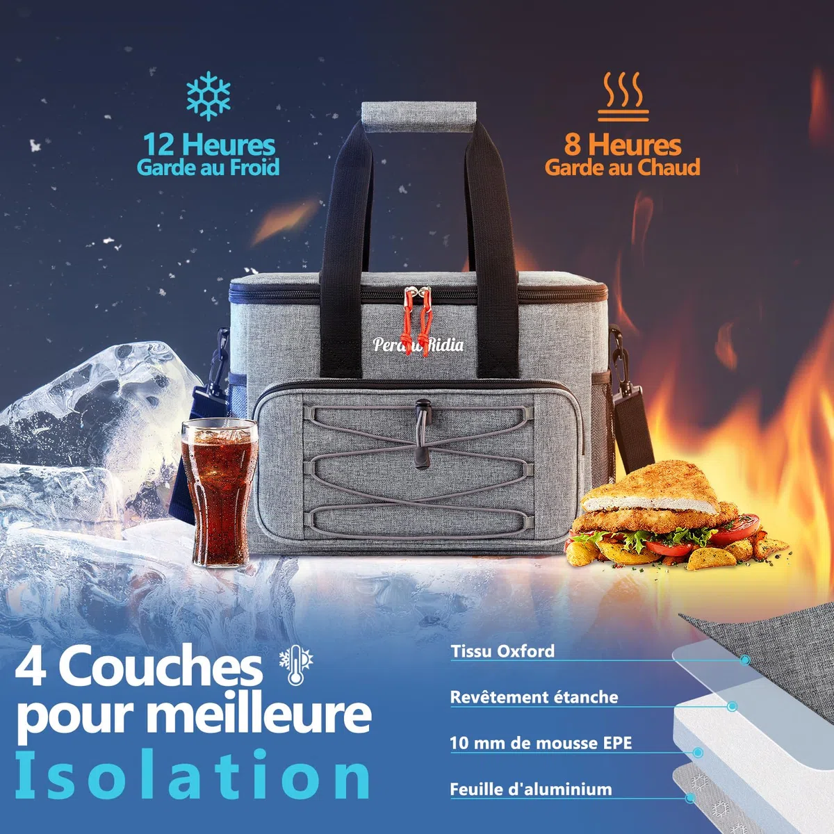 Sac Isotherme 10/20/30L, Glaciere Lunch Box pour Hommes Femmes, Sac Repas Lunch Bag Glacière Souple Isotherme Portable Protection de Fraîcheur pour Plage Pique-Nique Voyage, Gris