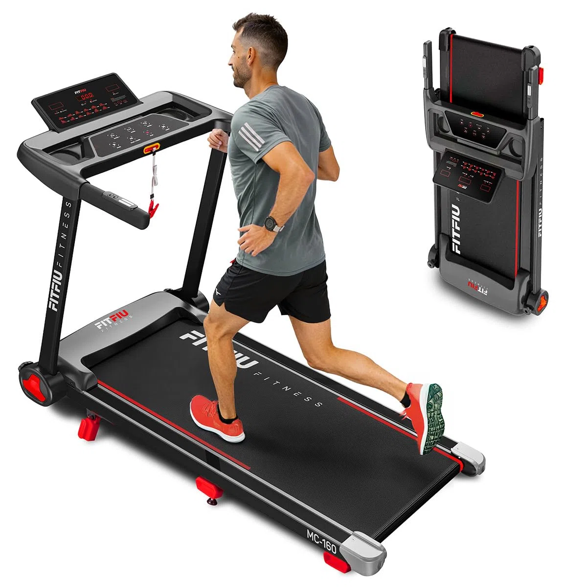 Tapis de Course Pliable avec Inclinaison 9% FITFIU Fitness 4 en 1 Vitesse Réglable 14 km/h avec Affichage LCD Connectivité APP et Fréquence Cardiaque 360º Tablet Holder Walking Pad Compact MC-160