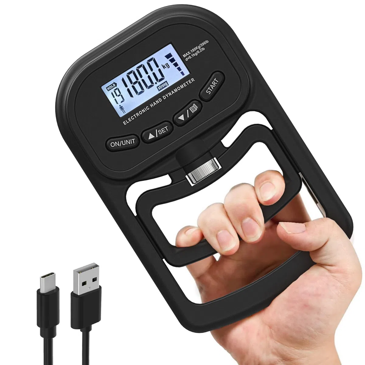 Entraîneur de force de préhension de 180 kg, dynamomètre électronique rechargeable, testeur de force de préhension numérique avec écran LCD, dynamomètre réglable pour la force