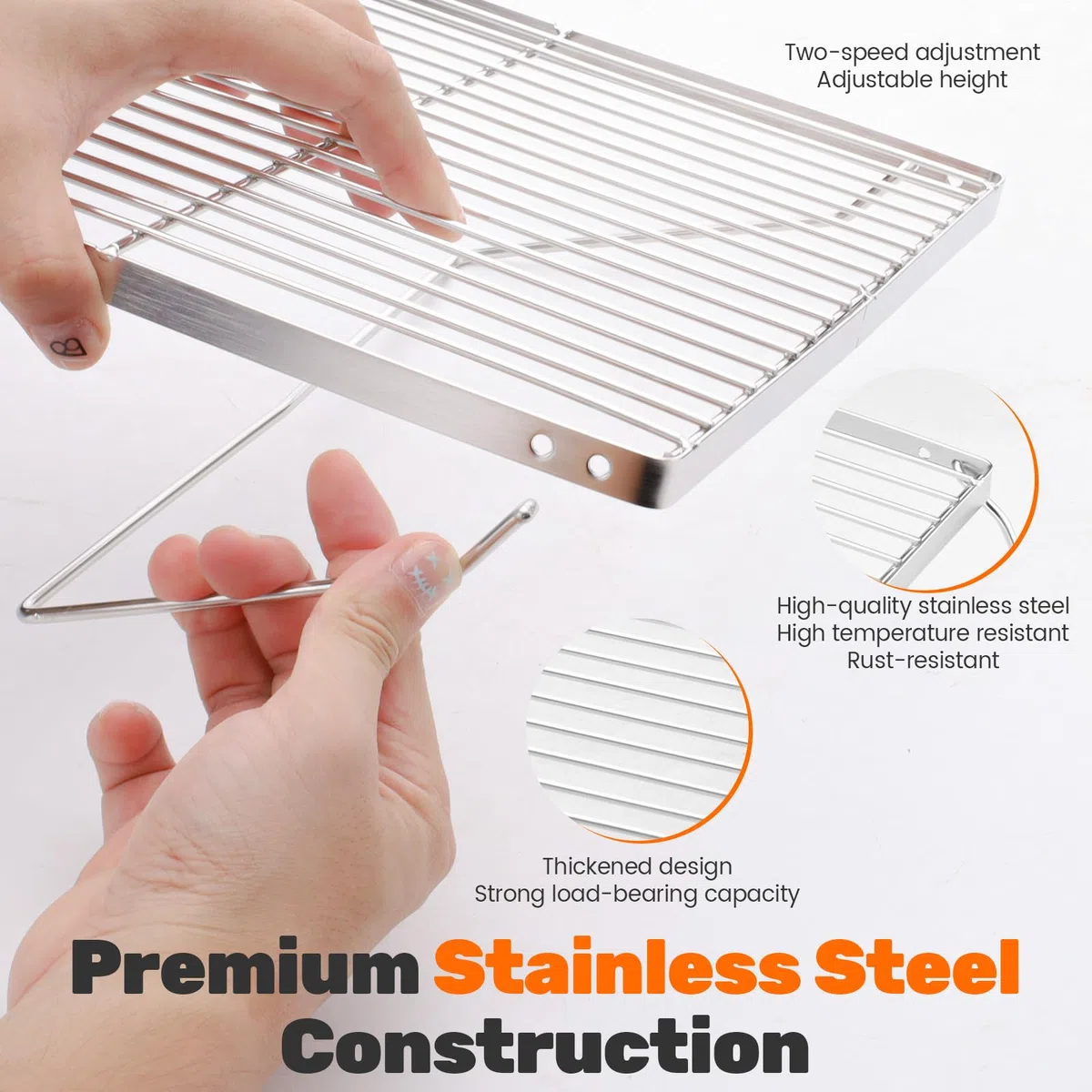 Grille pliable pour feu de camp en acier inoxydable avec hauteur réglable, équipement de cuisson portable pour feu de camp, 40 x 27 x 12,5 cm