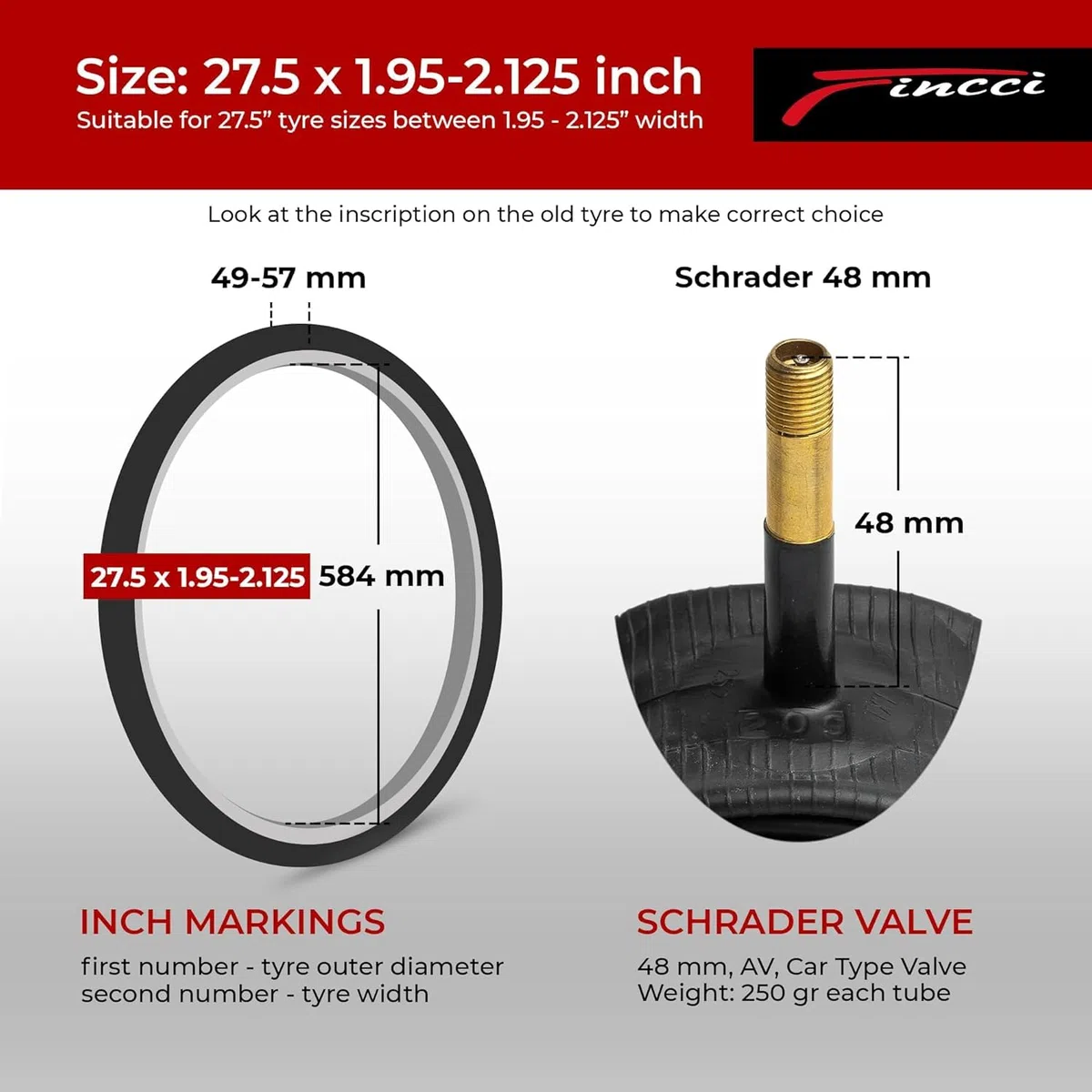 Fincci Velo Сhambre a Air 27.5 - Paire Chambres à Air 27.5 x 1.95 x 2.0 x 2.125 avec Valve Schrader 48mm pour Montagne & Hybrid & Electrique & Route Vélos, VTT Homme Adulte