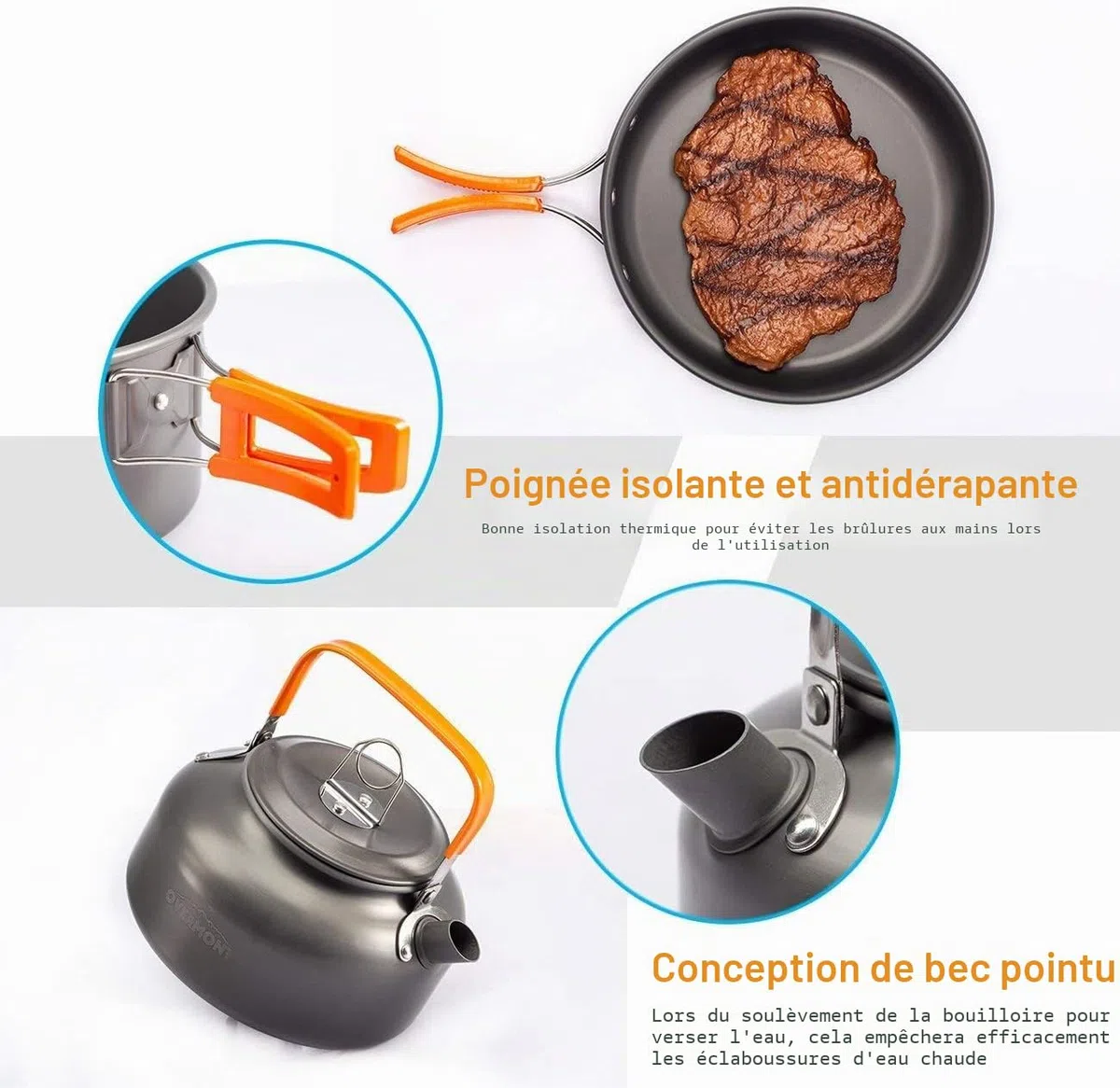 OVERMONT Kit de Casseroles Camping 14pcs Poêlé Set en Aluminium Durable, Ensemble Gril Pot Pratique de Pique-Nique avec Cafetière Théière pour Randonnée