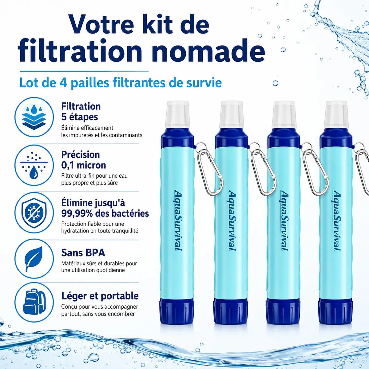 AquaSurvival - Lot de 4 Paille Filtrante Survie, Filtre Eau Portable 0,1 Micron Élimine 99,99% Bactéries, Purificateur d'Eau Randonnée Camping, Filtre a Eau Gourde Filtrante Eau Non Potable Sans BPA