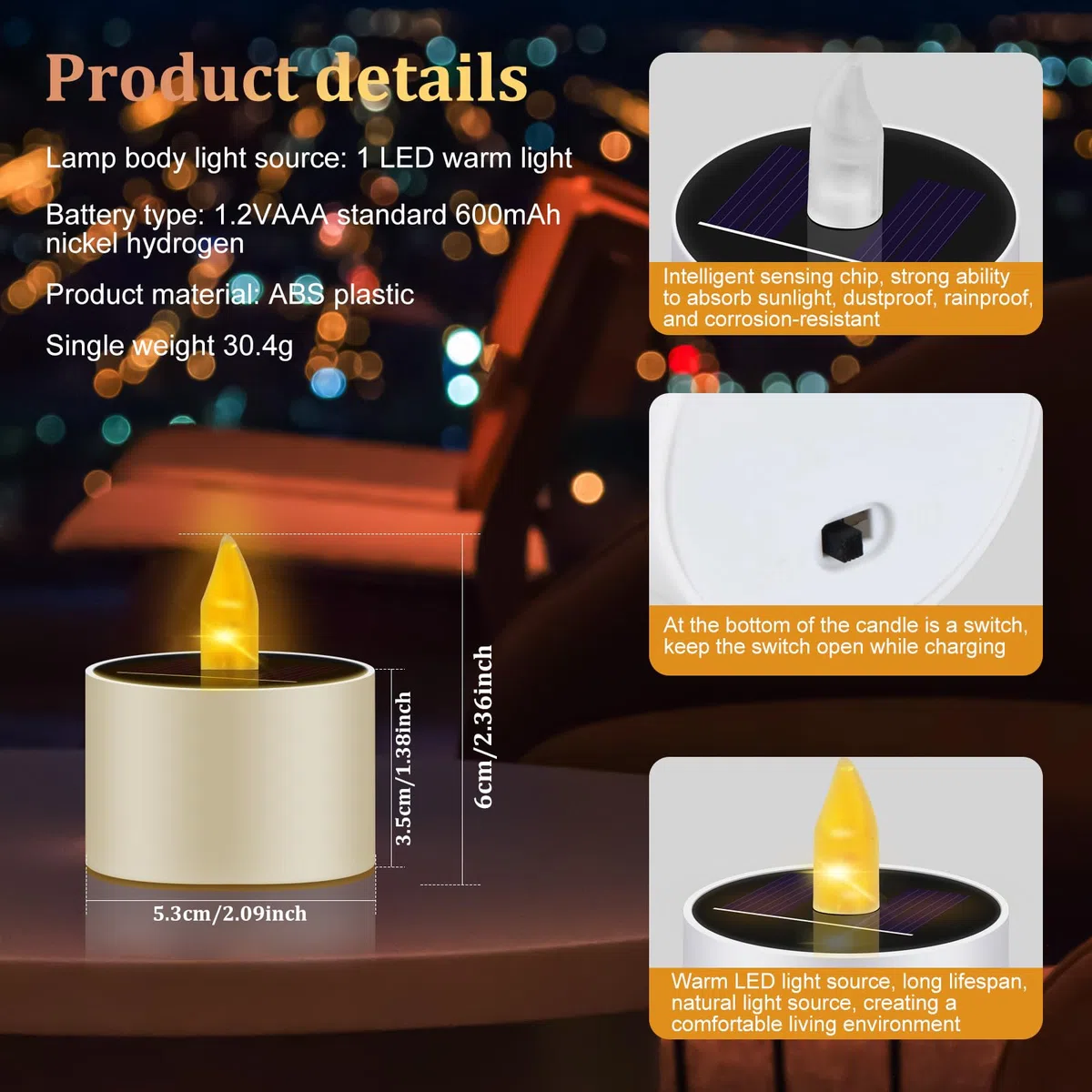 Lot de 12 Bougies solaires extérieures, Bougies chauffe-plat LED, pour terrasse, jardin, camping, décoration de chambre