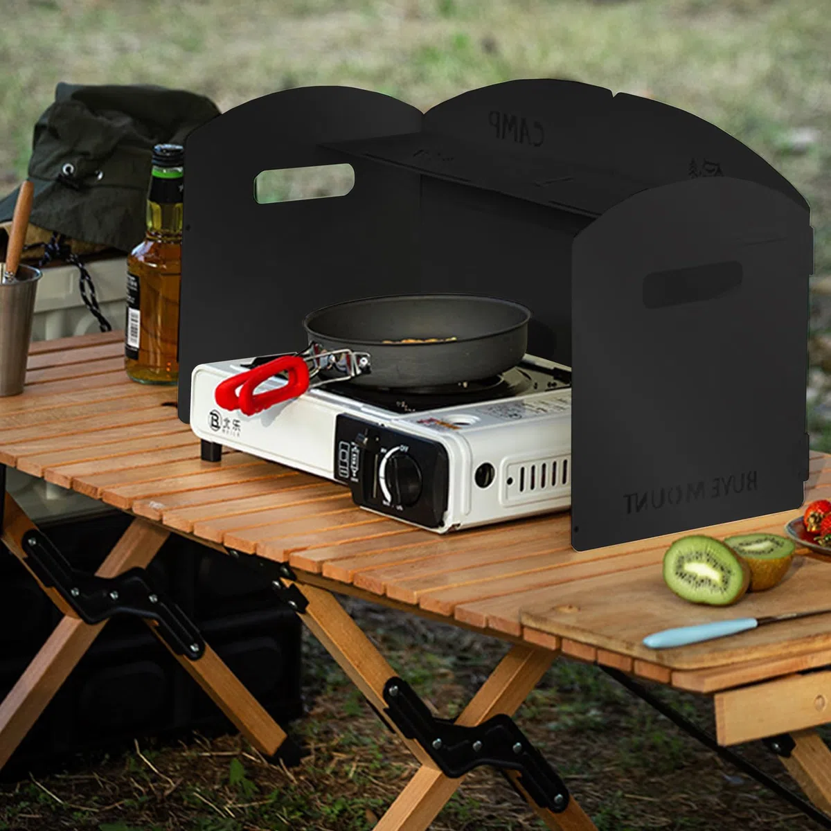 Pare Vent Pliable Réchaud, Pare-Vent Pliable, Pare-Brise Cuisine Extérieure, Pare-Brise Pliable en Acier, Pare-Vent de Camping, avec Compartiments, pour Camping, Barbecue,Pique-Nique(Ferreux)
