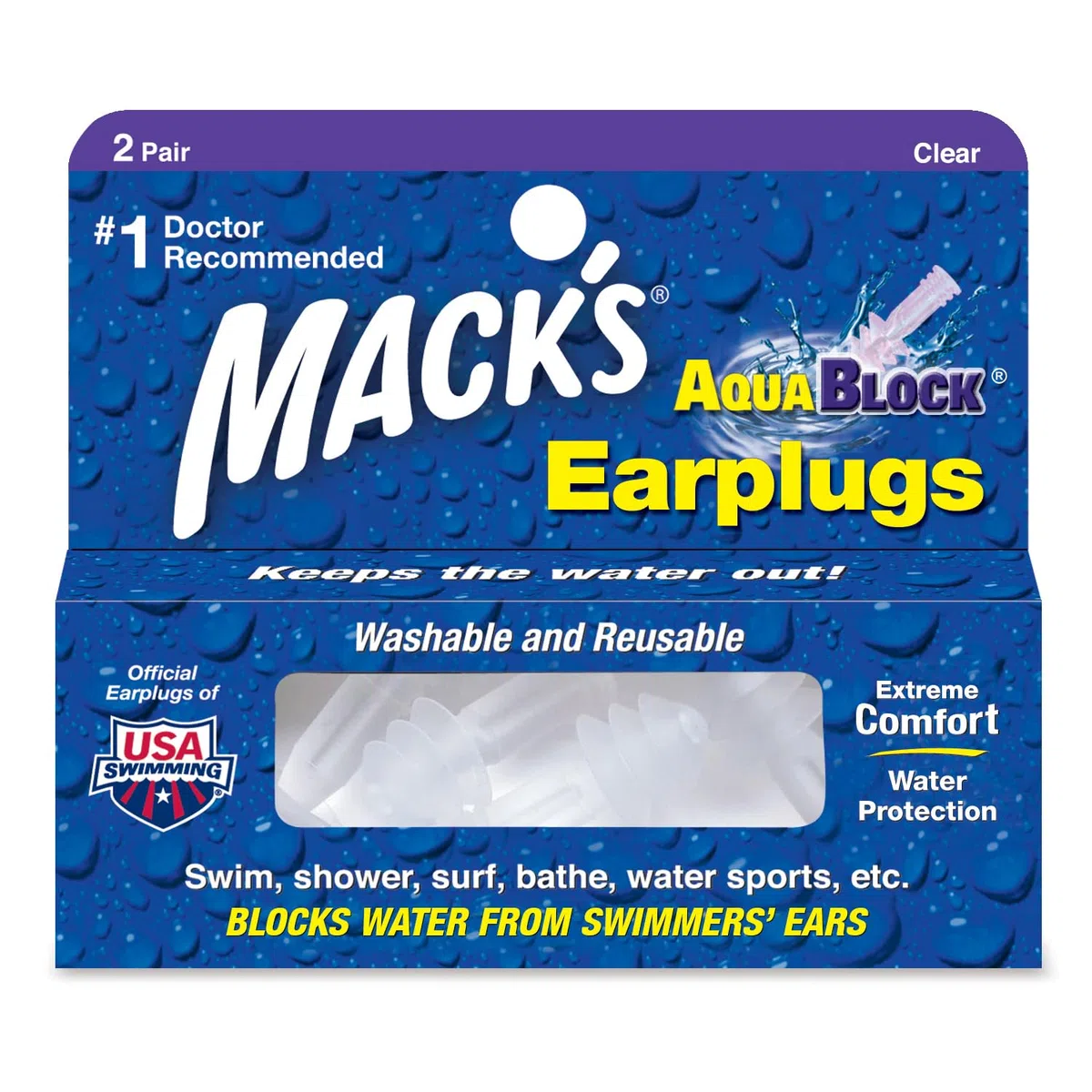 Mack's AV004 Aqua Block Bouchons d'oreilles Clear