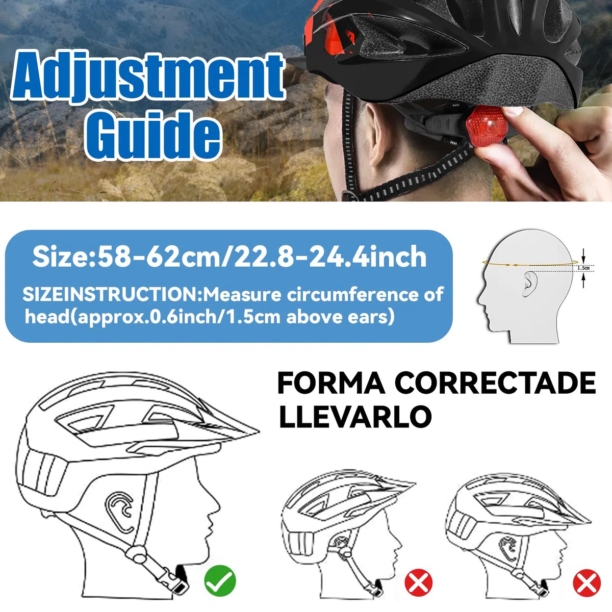 Casque de Vélo pour Adultes Unisexe avec Éclairage LED 3 Modes, Léger, Réglable, Visière Amovible, pour VTT et Vélo de Route, Design Élégant, Taille 58-62 cm