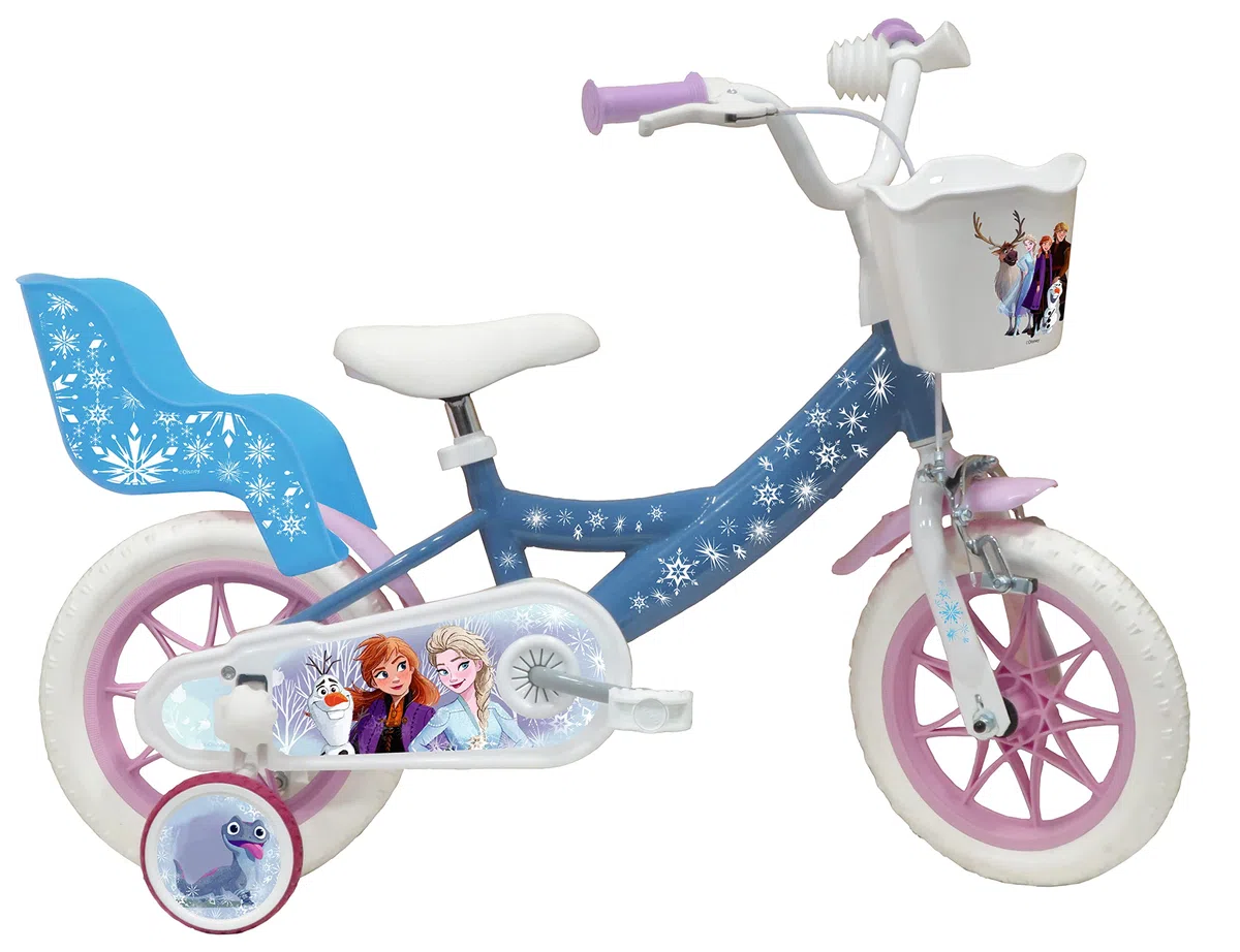 Disney Vélo 12' Reine des Neiges/Frozen équipé de 1 Frein, Panier Avant, Porte poupée arrière, Garde boues, Carter et stabilisateurs + Casque Reine des Neiges !