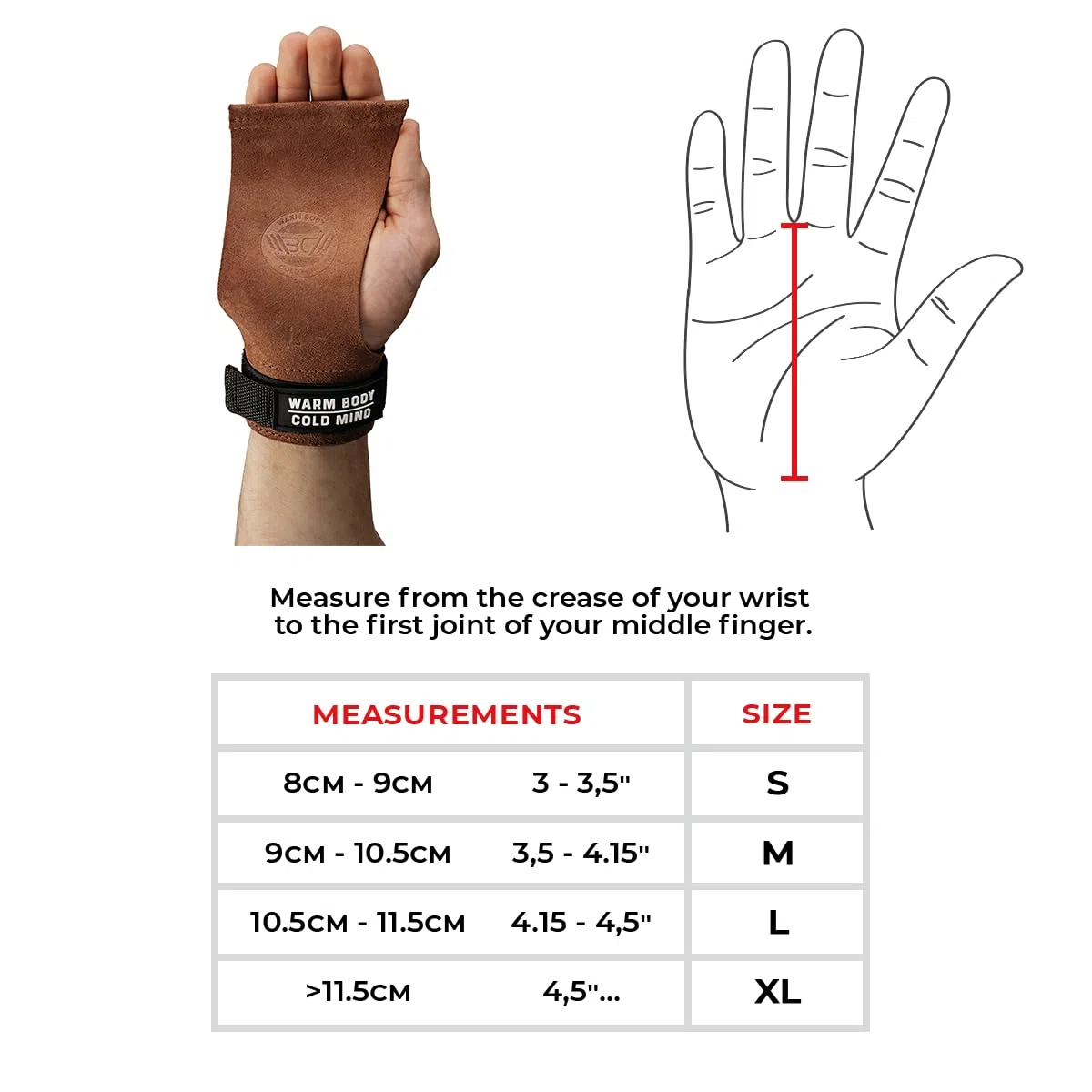 WARM BODY COLD MIND Poignées en cuir sans trous avec soutien de poignet pour haltérophilie, powerlifting, gymnastique, cross-training, tractions, musculation, protection des paumes