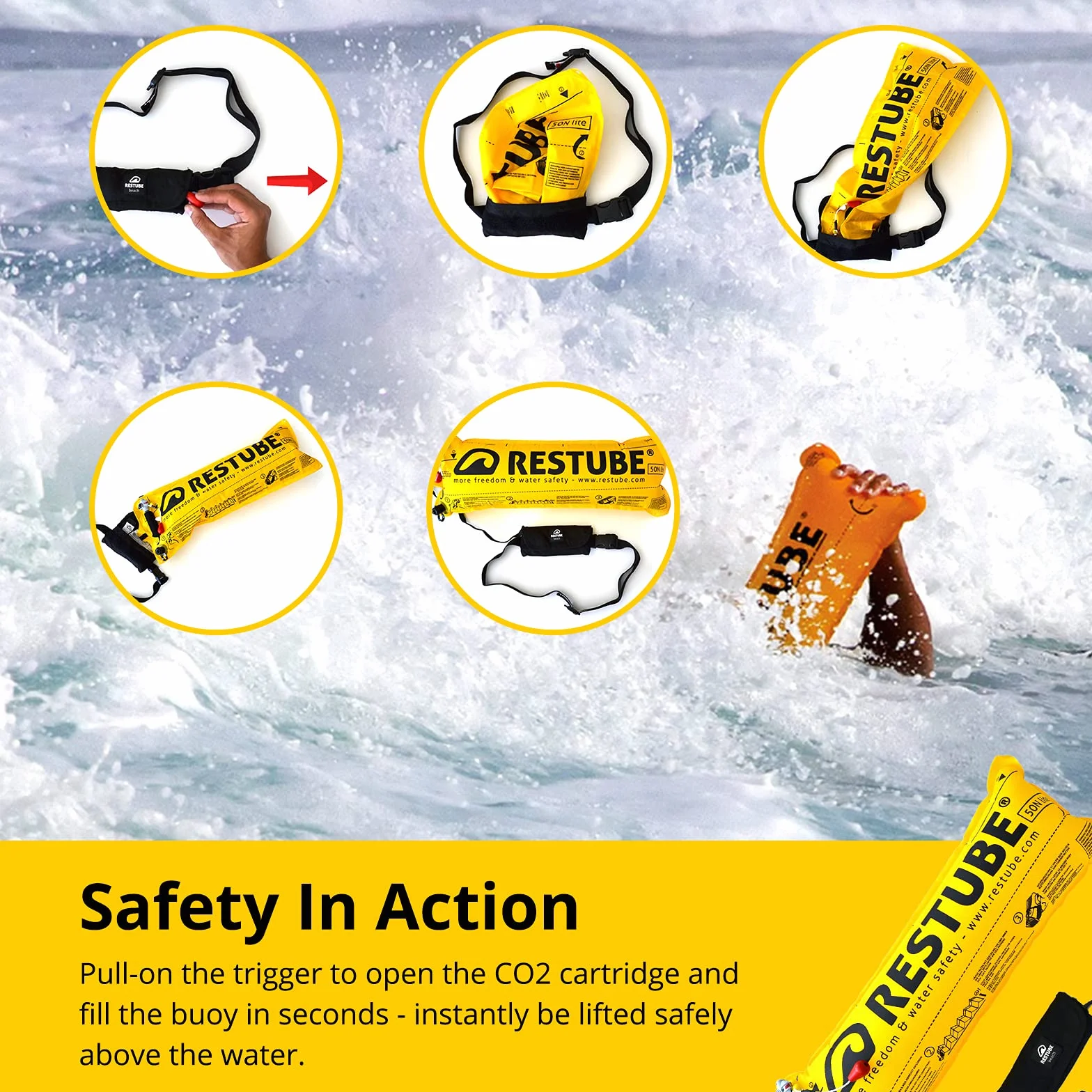 Restube Beach Cartouches de CO2 de Rechange pour Bouée de Sauvetage Gonflable - Lot de 6 Capsules à Air Comprimé de 10.9g pour Aide Flottante Natation