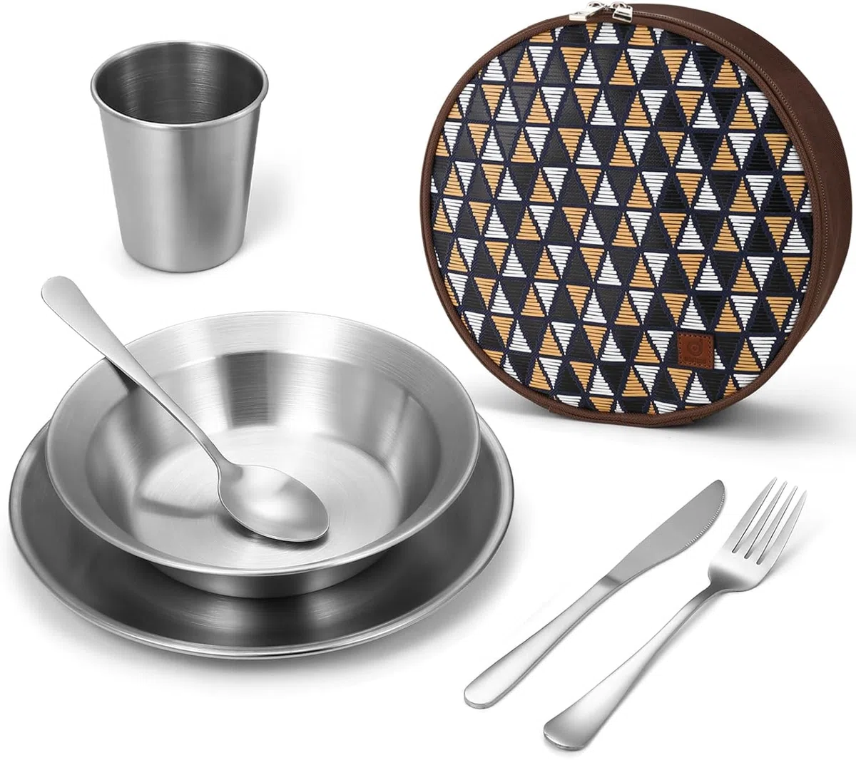 Odoland Set de Couverts Camping, Kit de Vaisselle en Acier Inoxydable Poli avec Assiette Bol Tasse Fourchette Cuillère Couteau Sac de Voyage Portable, pour Cuisine Camping Randonnée Pique-Nique