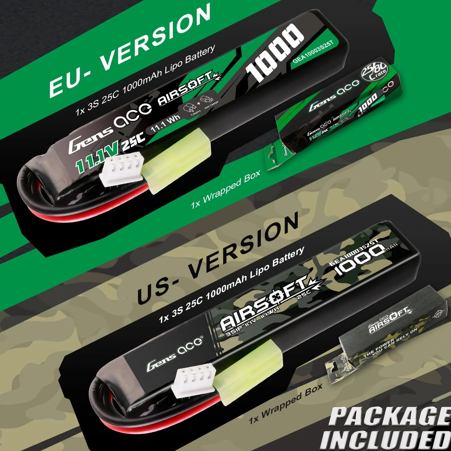 Gens ace 3S 25C 1000 mAh 11,1 V 3S1P Batterie Lipo Airsoft Rechargeable avec connecteur TMY pour Les Modèles Airsoft