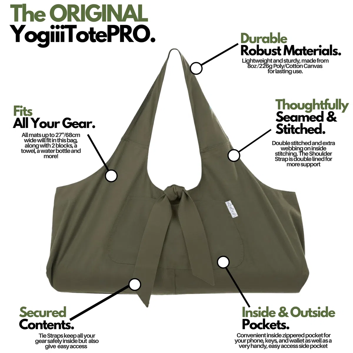Yogiii YogiiiTotePRO Sac pour Tapis de Yoga avec Poche latérale Compatible avec la Plupart des Tailles de Tapis