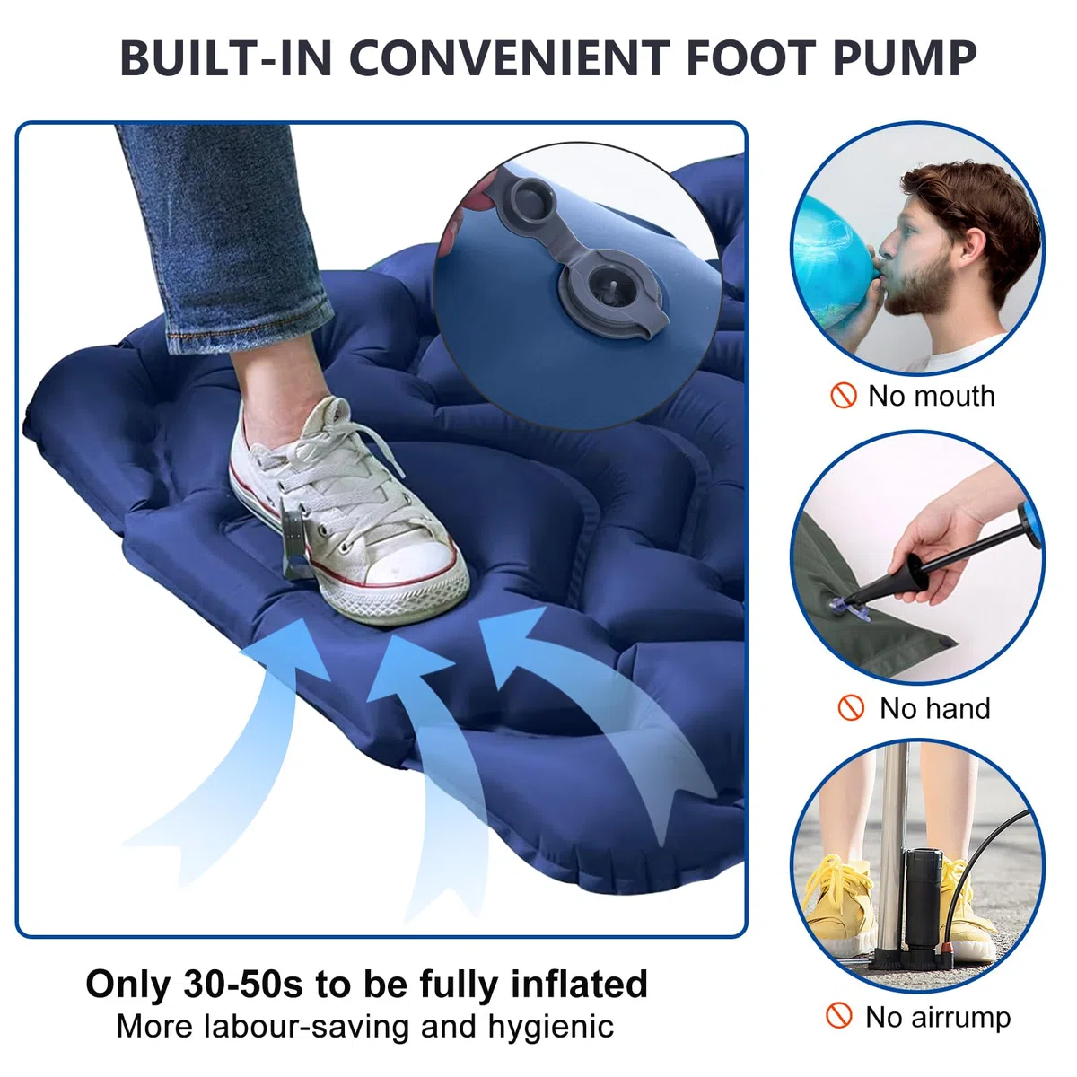 SUNOYA Matelas de camping auto-gonflant - 60 x 190 cm - Auto-gonflant - Avec oreiller intégré - Pour l'extérieur, la randonnée, la tente, bleu marine