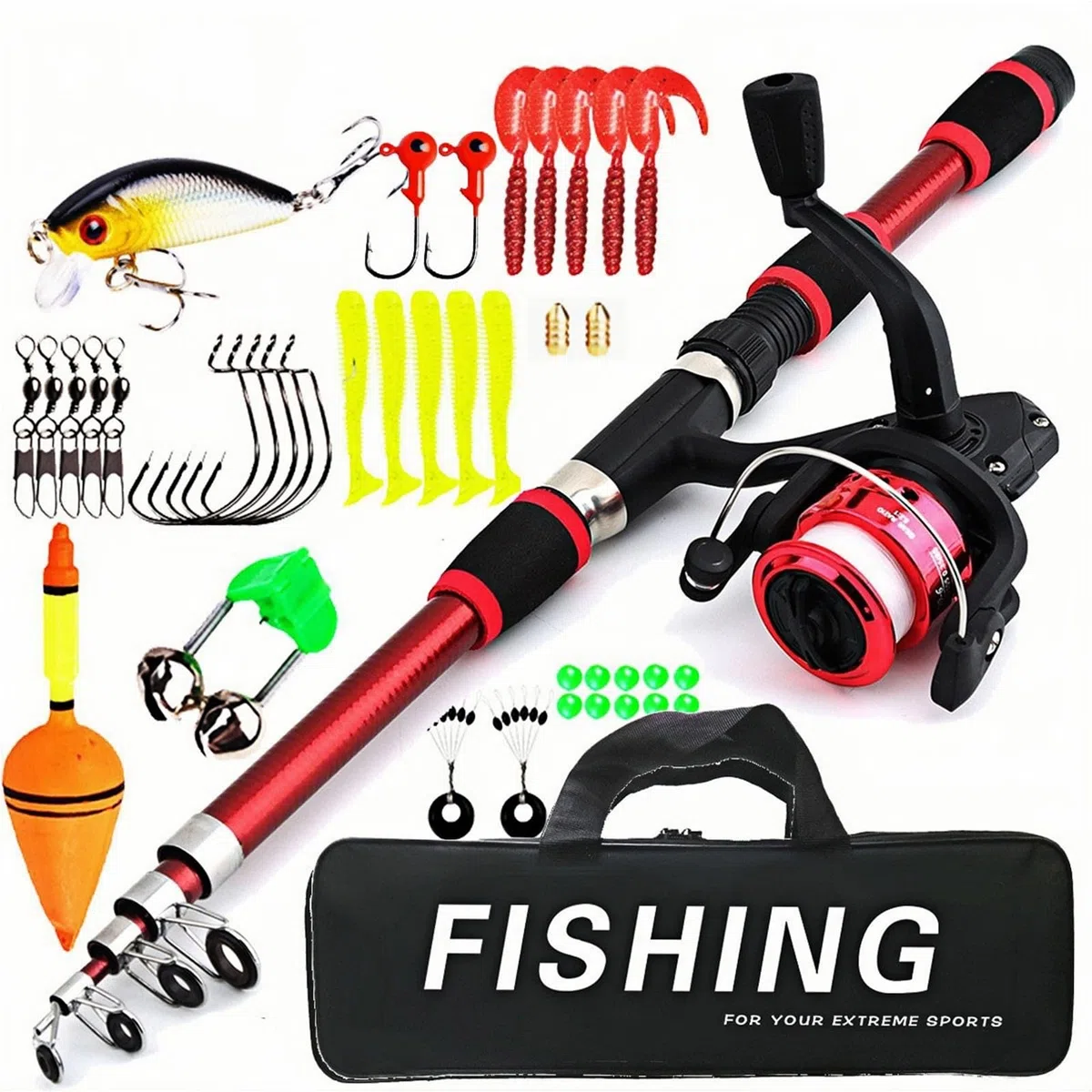 Kit de pêche pour enfants, Rouge 1.8m Ensemble de démarrage pour enfants, Ensemble de canne à pêche pour enfants avec moulinet et ensemble d'appâts, Moulinet en fibre de carbone, accessoires de pêche