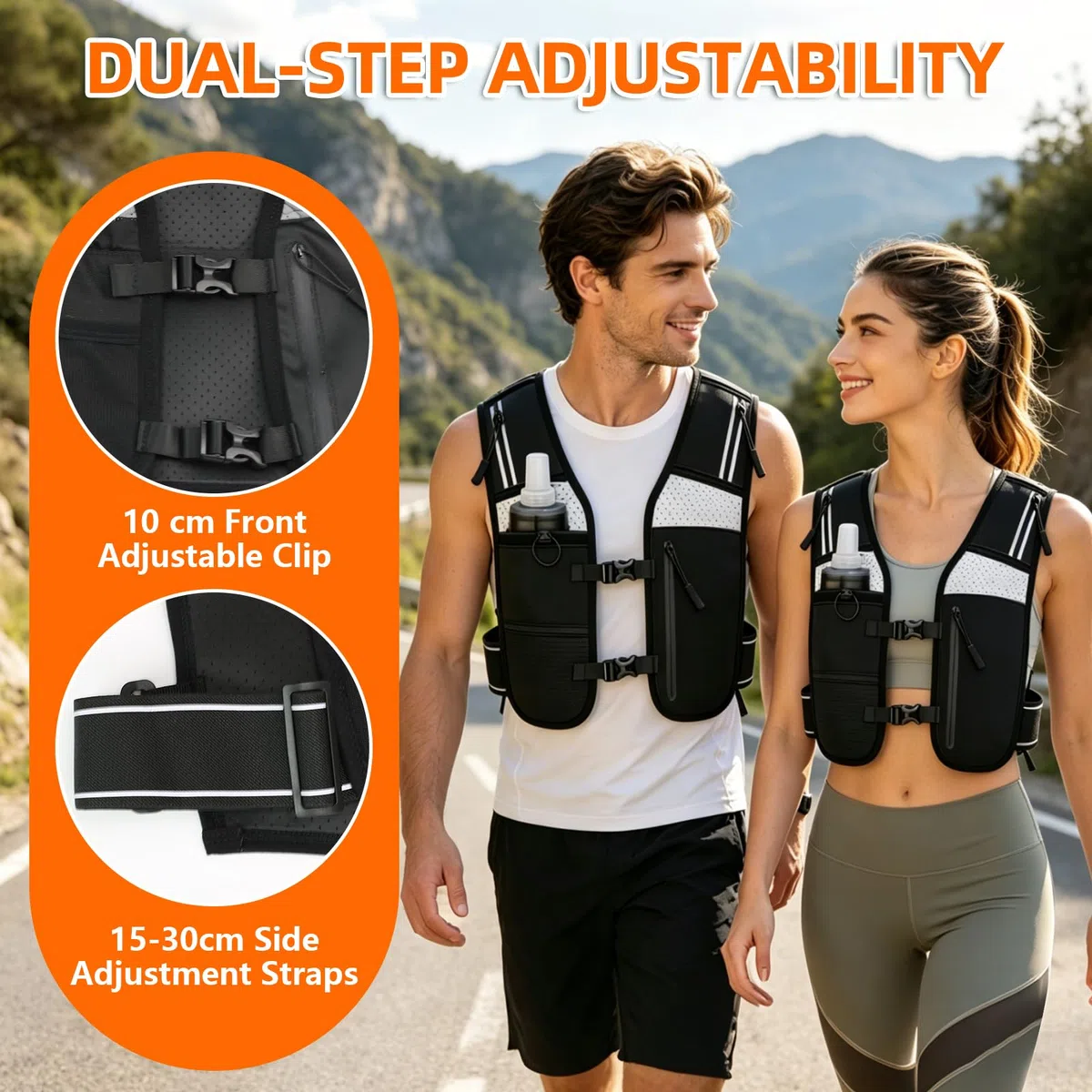 Gilet Hydratation Running Femme Homme, Gilet Running Réglable avec Bouteille d'eau Pliable 500ML, Respirant et Réfléchissant, avec Sac pour Téléphone, pour Course, Randonnée, Cyclisme, Marathon