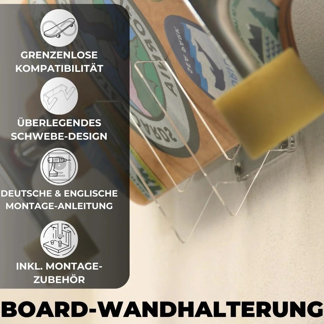 Board Addicted Support mural pour longboard, planche à roulettes, snowboard, wakeboard, planche de kitesurf etc., Board Addicted Wandhalterung für Longboards, Snowboards, Wakeboards uvm., Transparent, Universelle