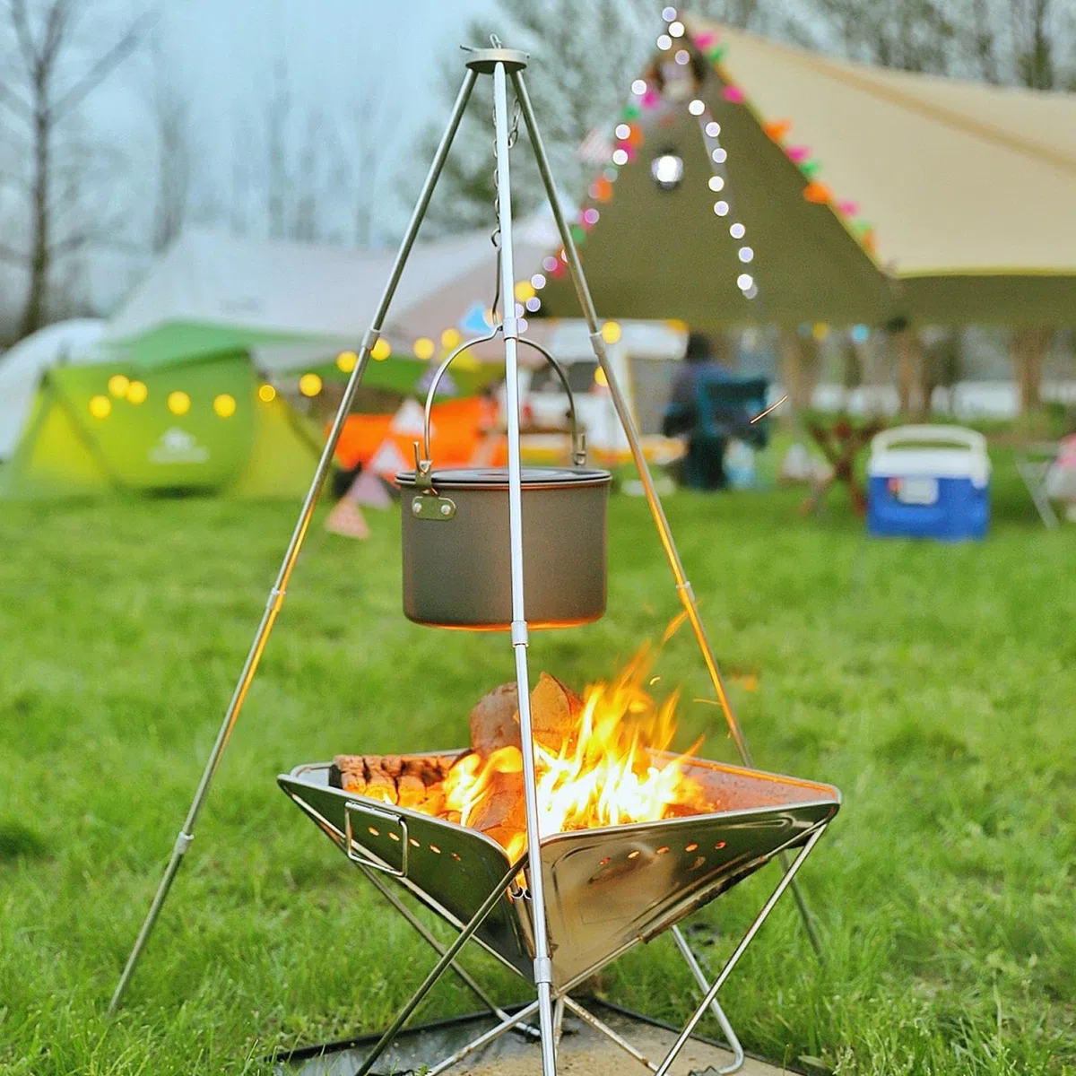 Trépied pour la cuisson au feu de camp | Trépied de camping, trépied pour ustensiles de cuisine | léger de camp de trépied de four pliable pour la chaîne de suspension réglable de sac à dos, d