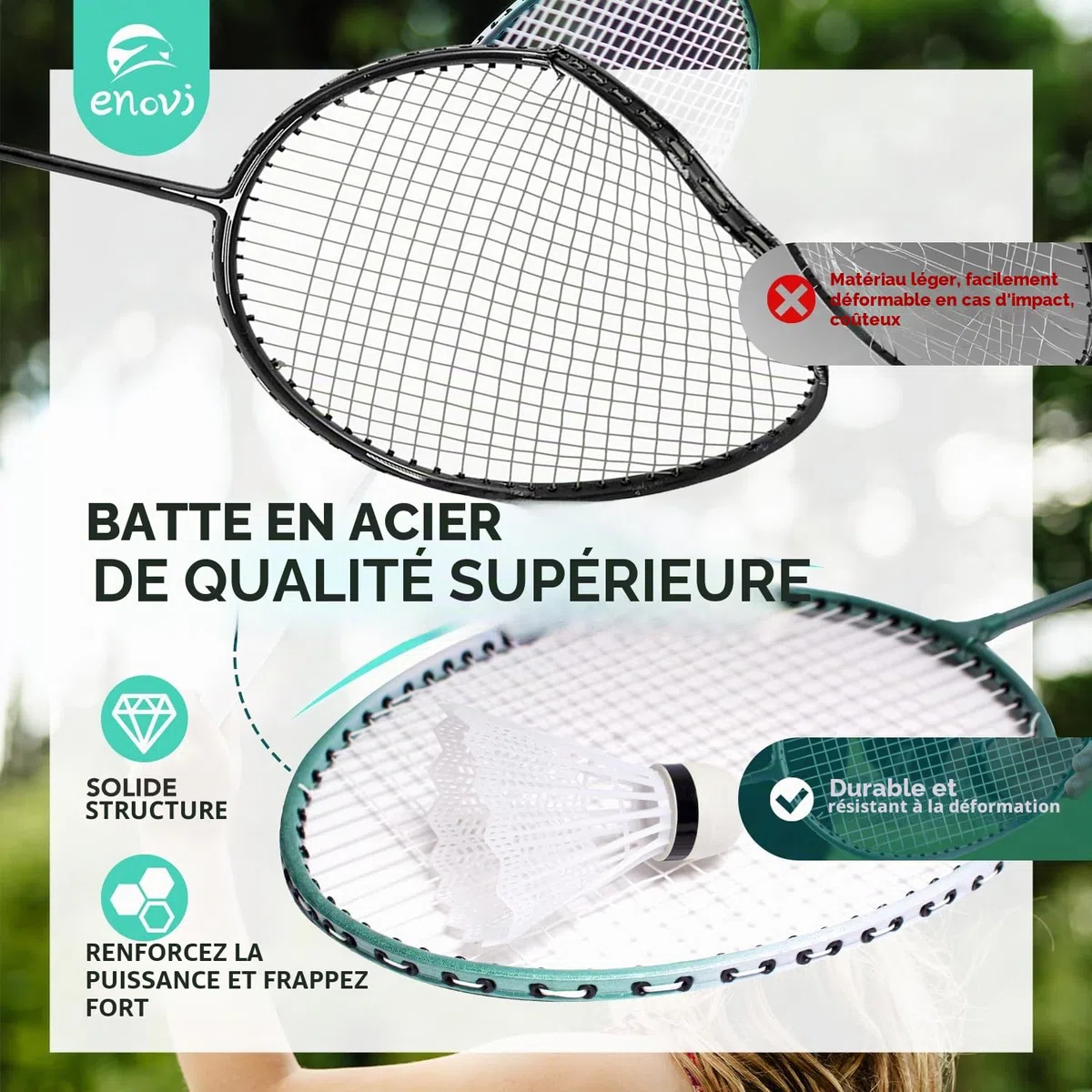 EasyGo Lot de volants de badminton avec 4 raquettes, filet de badminton, 4 volants de badminton, boîte de rangement portable